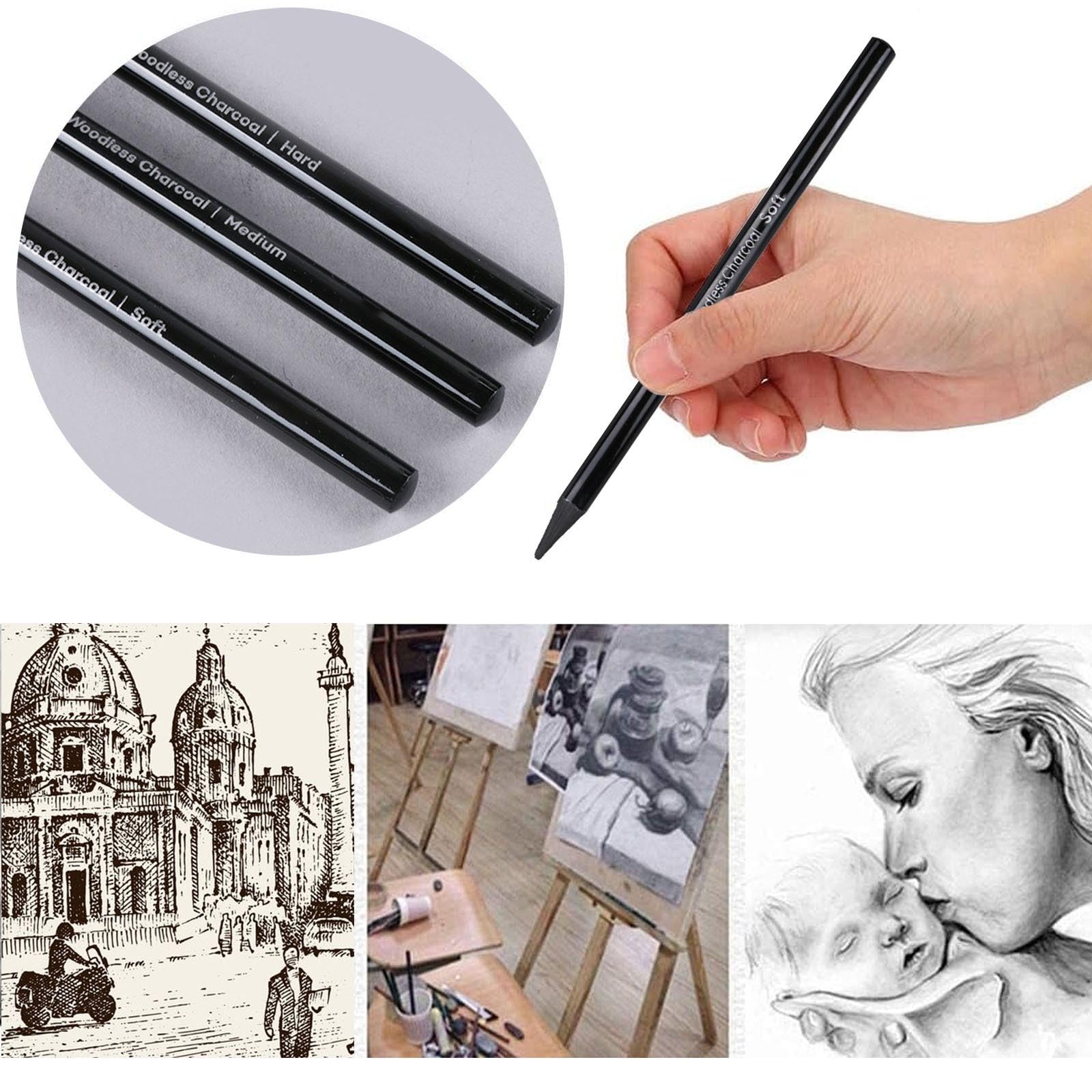 Lot De 3 Crayons à Dessin Charbon Professionnels Dur/Moyen/Doux - Sans Bois