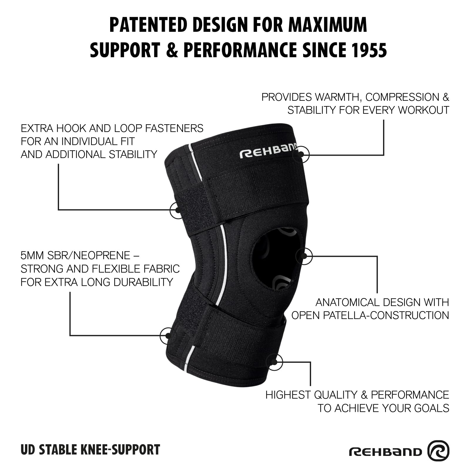 Rehband UD Stable Knee Support Genouillère de maintien en néoprène avec stabilisation, compression, patella support attelles flexibles, soutien genou blessé ou instable, Couleur:Noir, Taille:S