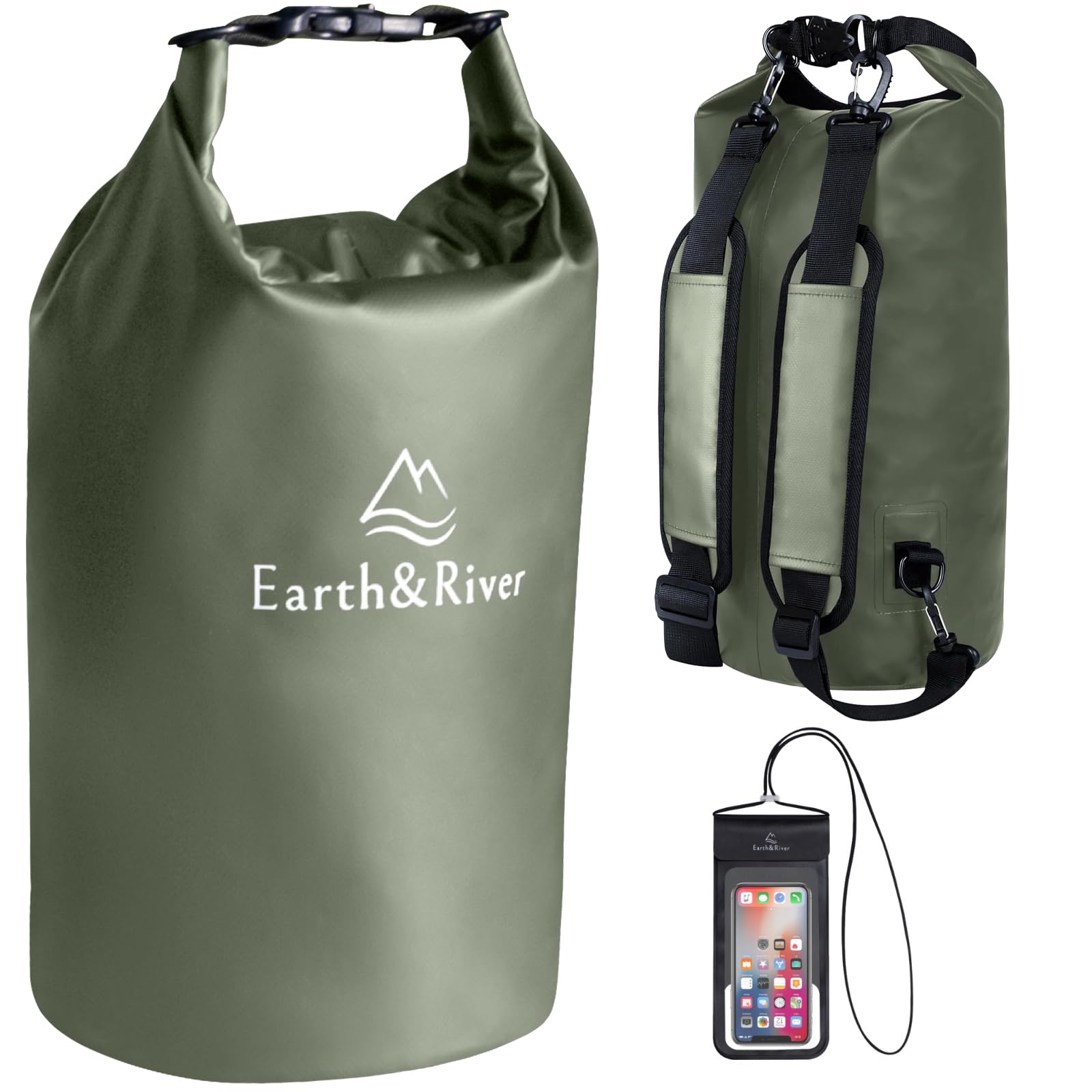 EARTH&RIVER Mochila seca para kayak, mochileros, rafting y navegación, protección impermeable resistente, correas de hombro anchas y ajustables (verde militar, 10 L)