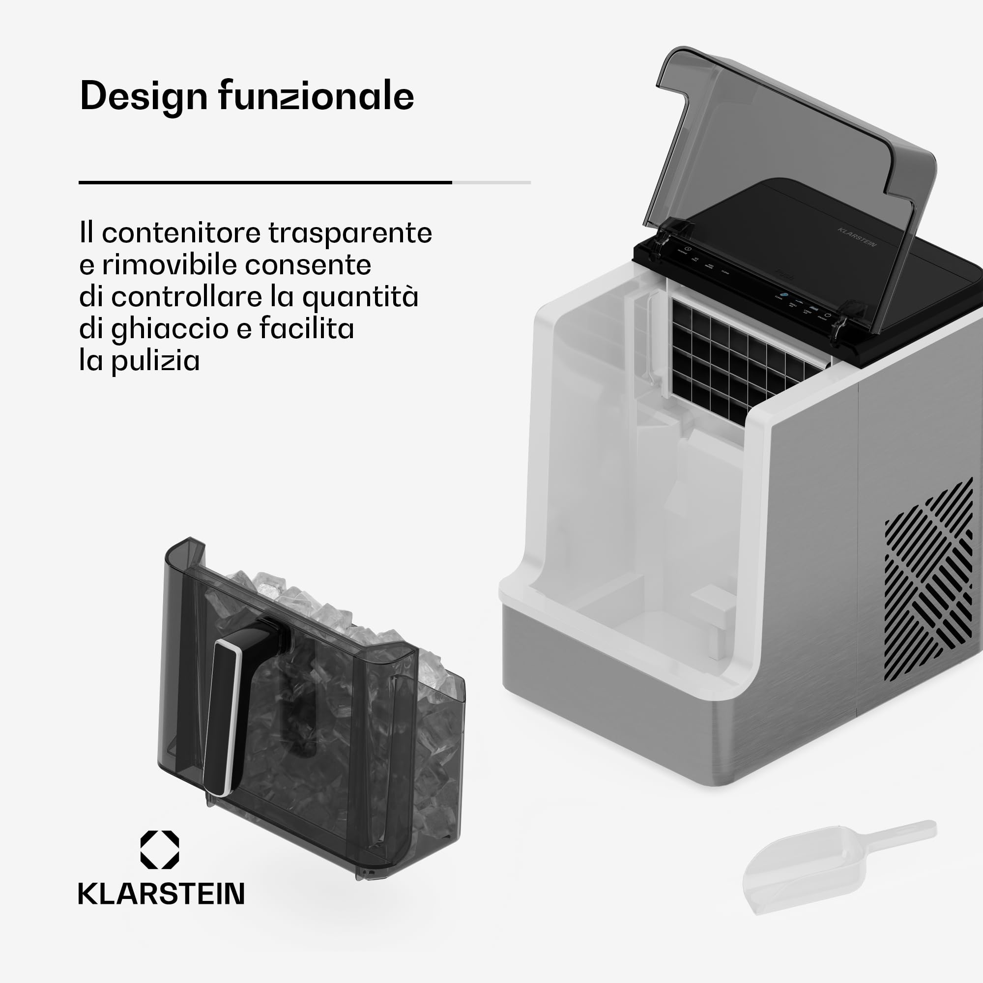 Klarstein - Macchina del Ghiaccio, Acciaio Inossidabile, 23kg/24h, 32 Cubetti/17 Min, Pulizia Automatica, Pannello di Controllo, Avviso del Livello Acqua, Design Moderno, Acciaio inossidabile