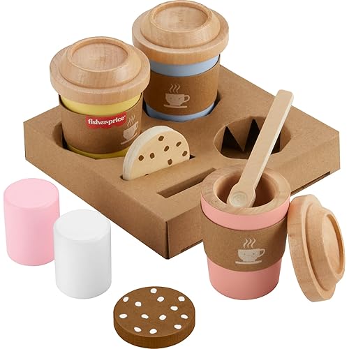 Fisher-Price Wood Pretend Play Toy Coffee to Go Café Set, 15-Piece Wooden Playset with Cups & Food for Preschool Kids Ages 3+ Years ​