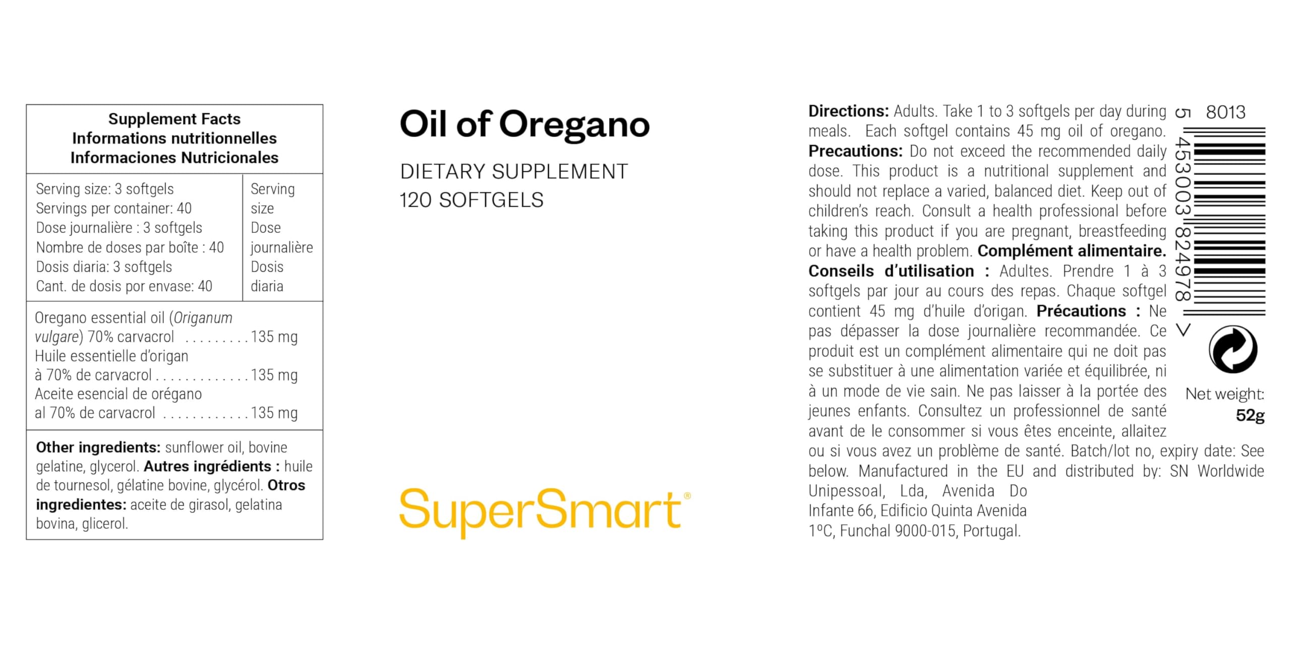 Olio essenziale di origano in capsule - Aiuta a favorire una buona digestione - Salute del fegato - Standardizzato al 70% di carvacrolo - Efficacia ottimale - Senza glutine - SuperSmart