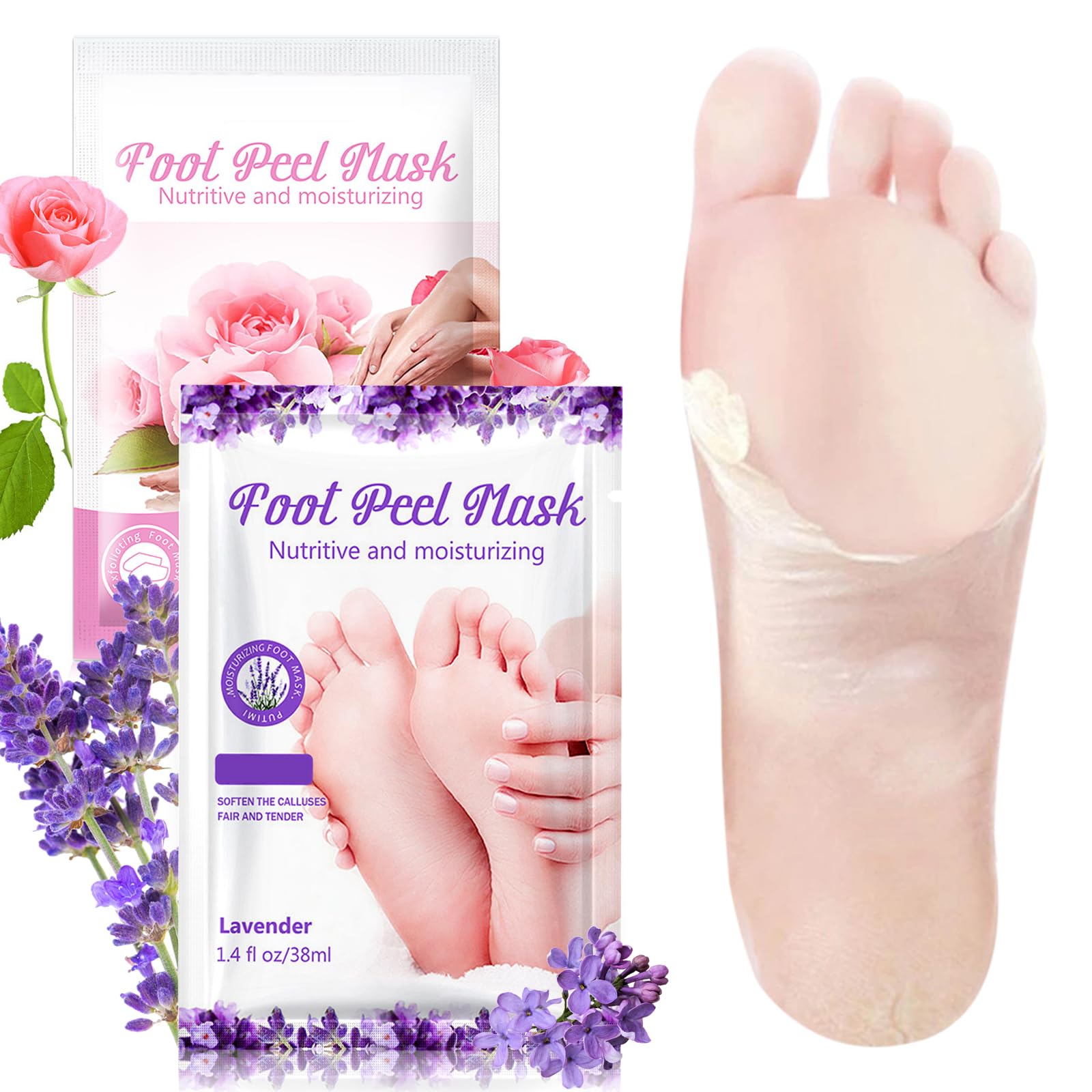 2 Pares Mascarilla Pies Exfoliante, Máscara Pies Peeling, Quitar Piel Muerta y Callos, Pedicura para Pies para Mujeres y Hombres (Lavanda+Rosas)