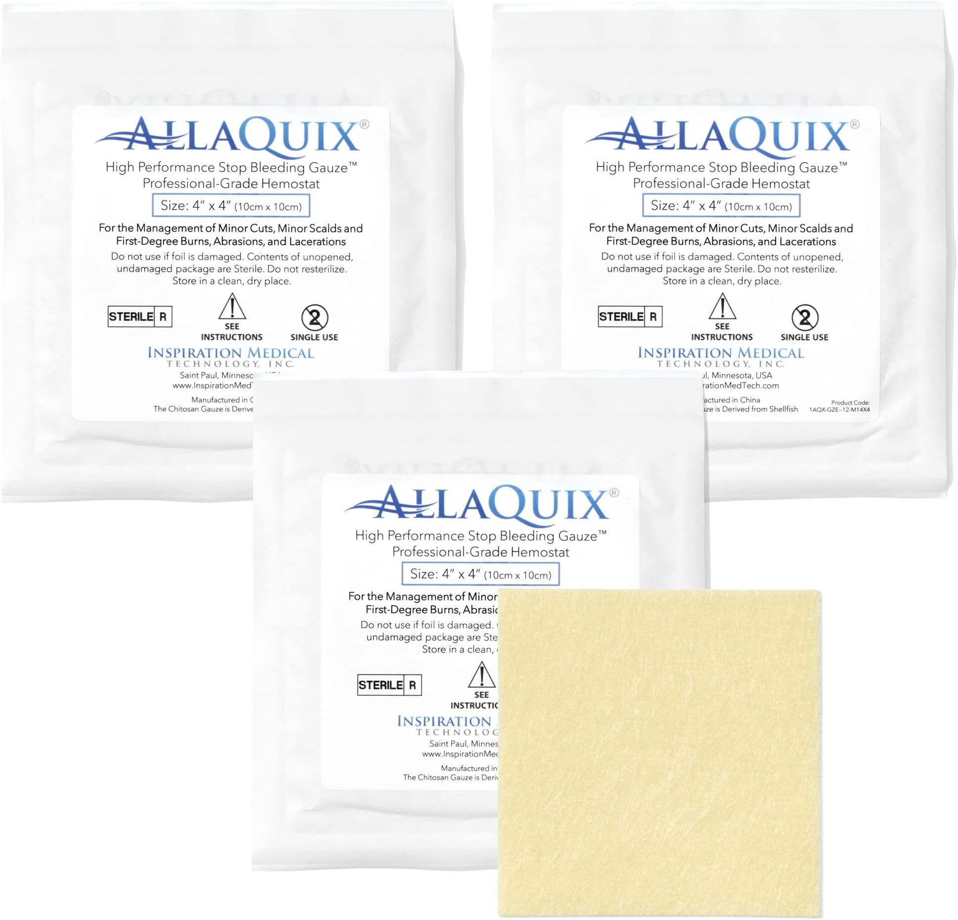 High Performance Stop Bleeding Gauze Pads – 3-Pack (4"x4") | Hemostatic Wound Dressing for Cuts & First Aid Kits | Sterile, Drug-Free, Fast Clotting Pads
