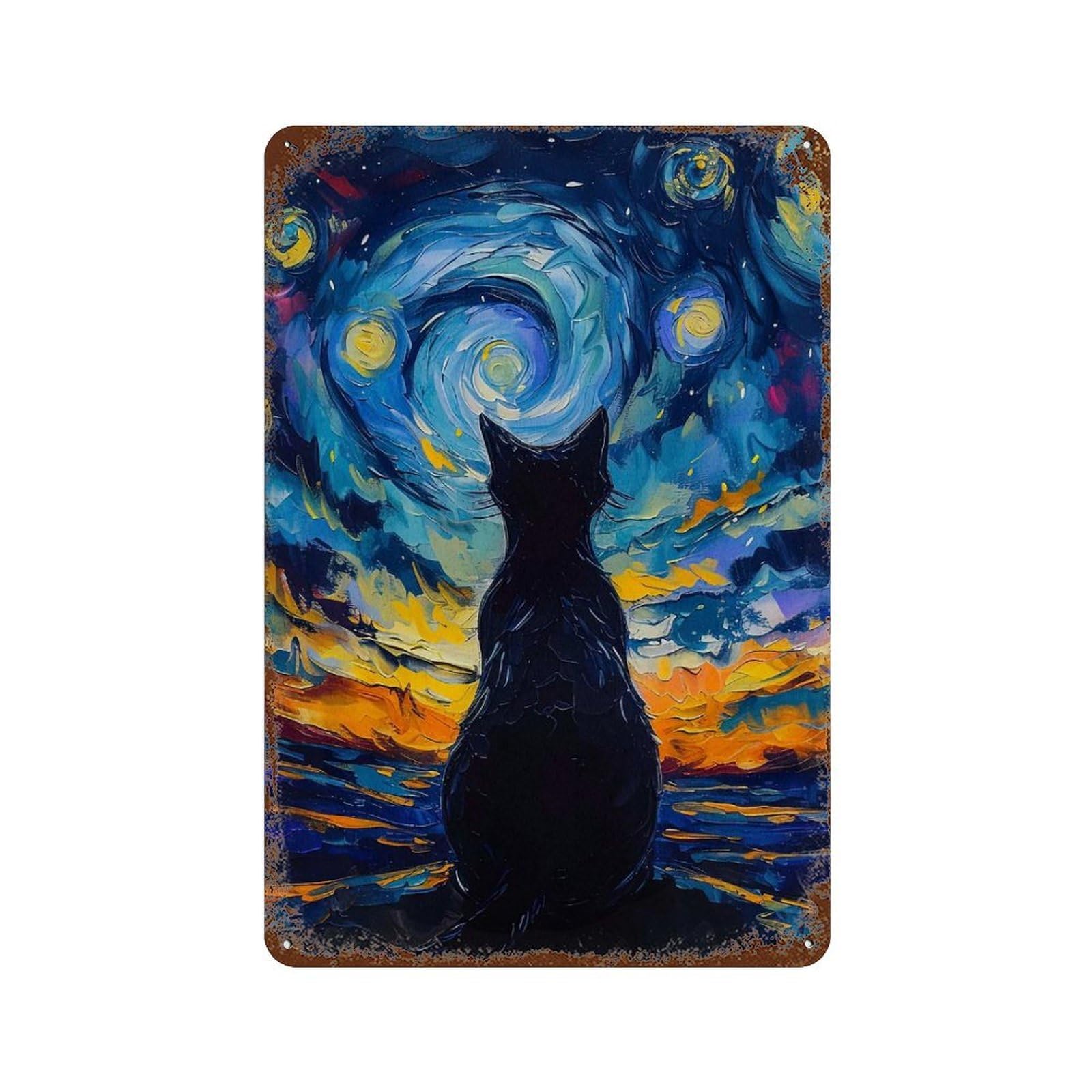 Cat Vangogh Rust Effect Tin Sign 11.8"x7.9", Rustic Home Decor for Cafe, Home Bar And Lounge Decor