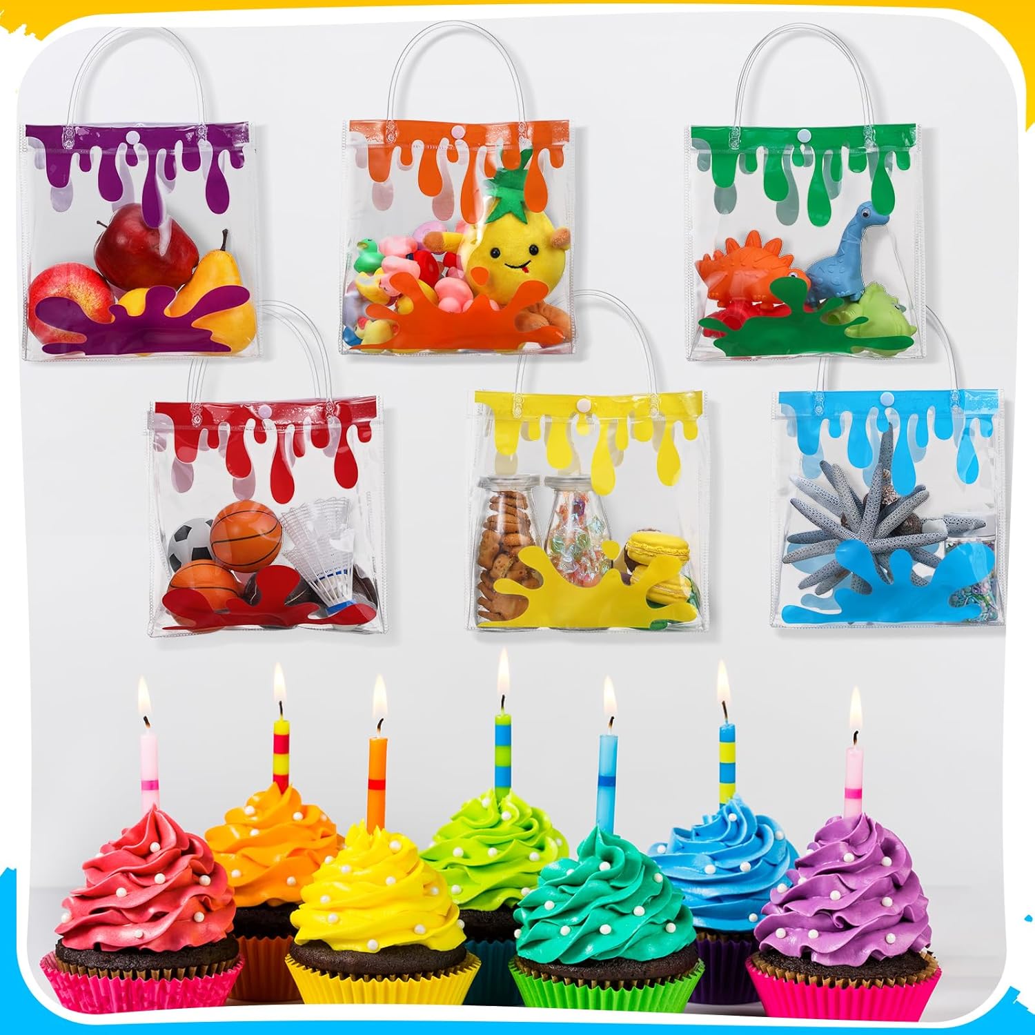 Sweetude 24pcs Clear Art Paint Party Favor Bags PVC Plastic Gift Bags with Handles Artist Party Favor Paint Splatter Pattern for Candy Snack Birthday Baby Shower Supplies