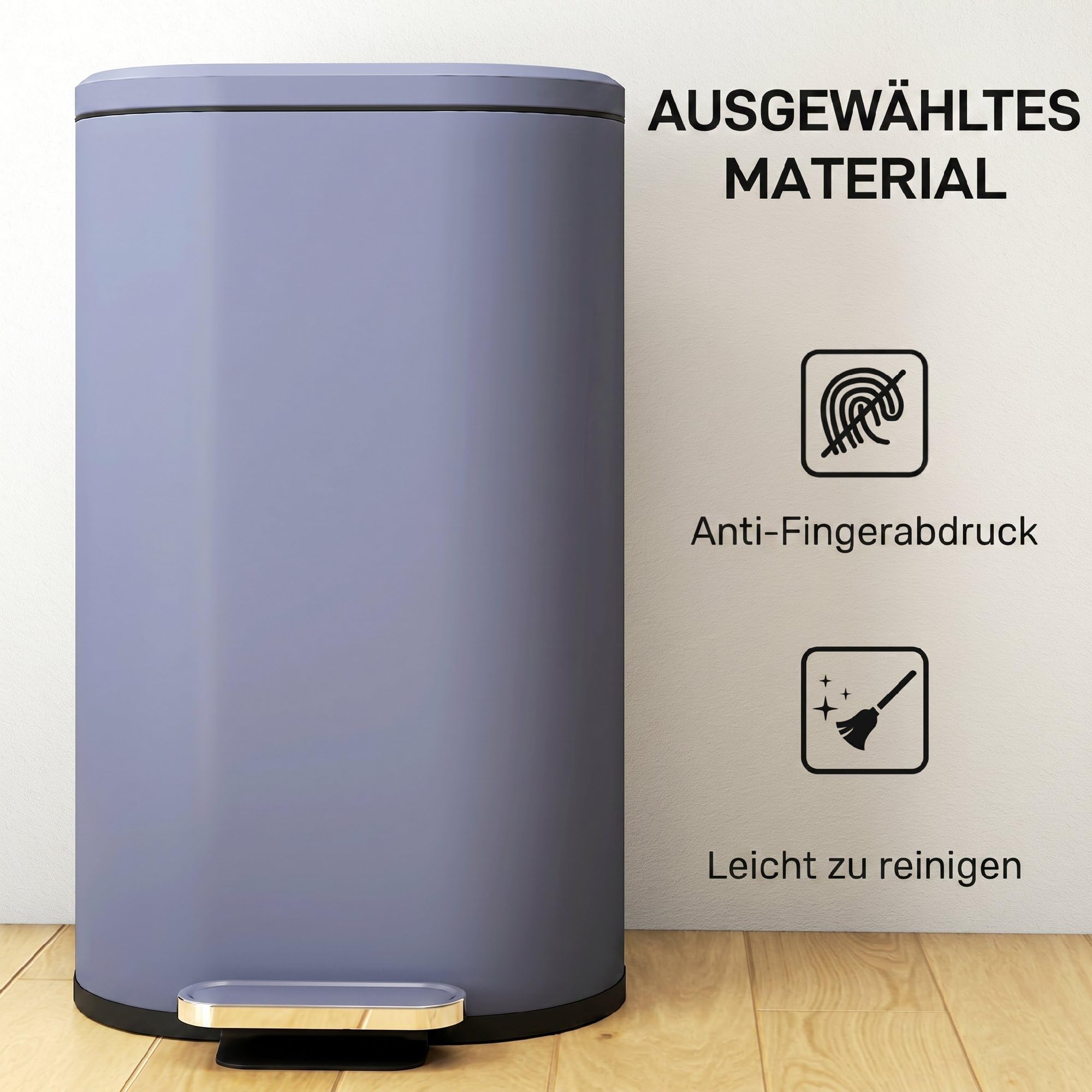 HOMCOM 30L Cestino 90° Coperchio Stay-Open Slim Rett. Ped. Grigio | Soft-Close Coperchio, secchio interno rimovibile, per casa e ufficio, antimpronta
