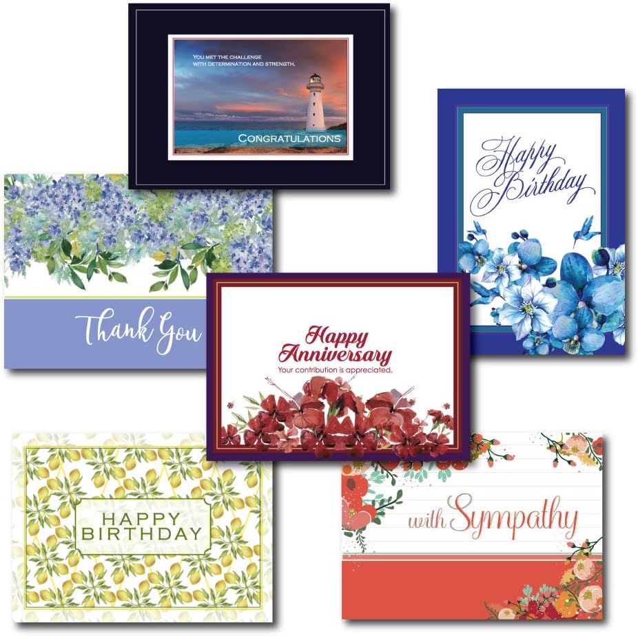 All Occasion Greeting Card Assortment. 30 Cards with 31 Bright White Envelopes. Birthday, Sympathy, Thank You, Get Well and Anniversary Cards. Send to Family, Friends and Business Associates.