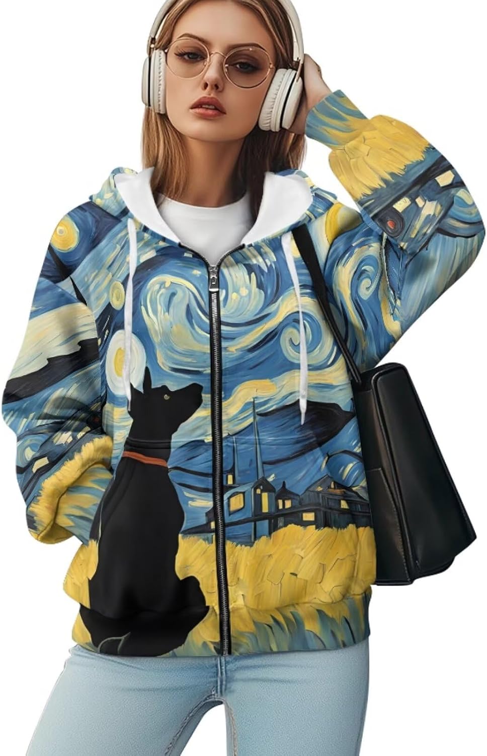 Oil Painting Printed Hoodie for Women, Zip Up Drawstring Hooded Pullover Sweatshirt with Pockets for Home, Yoga