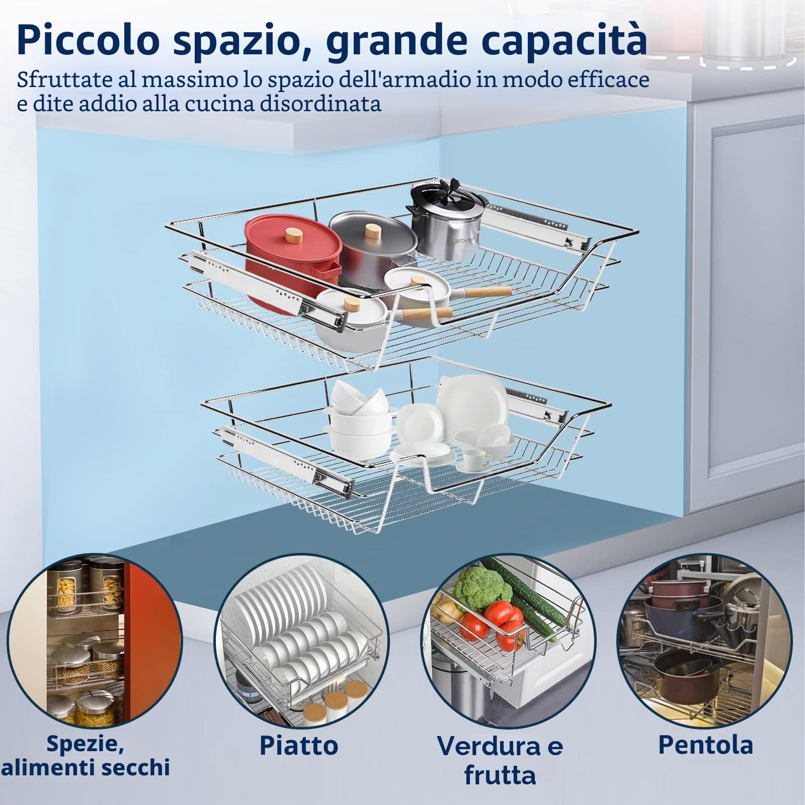 Daromigo 2x Cassetto Telescopico Cestello Estraibile 30cm per i Mobili da Cucina, con Guide Scorrevoli, Cassetti Telescopici Metallo Cromato, Cestelli da Cucina Estraibile