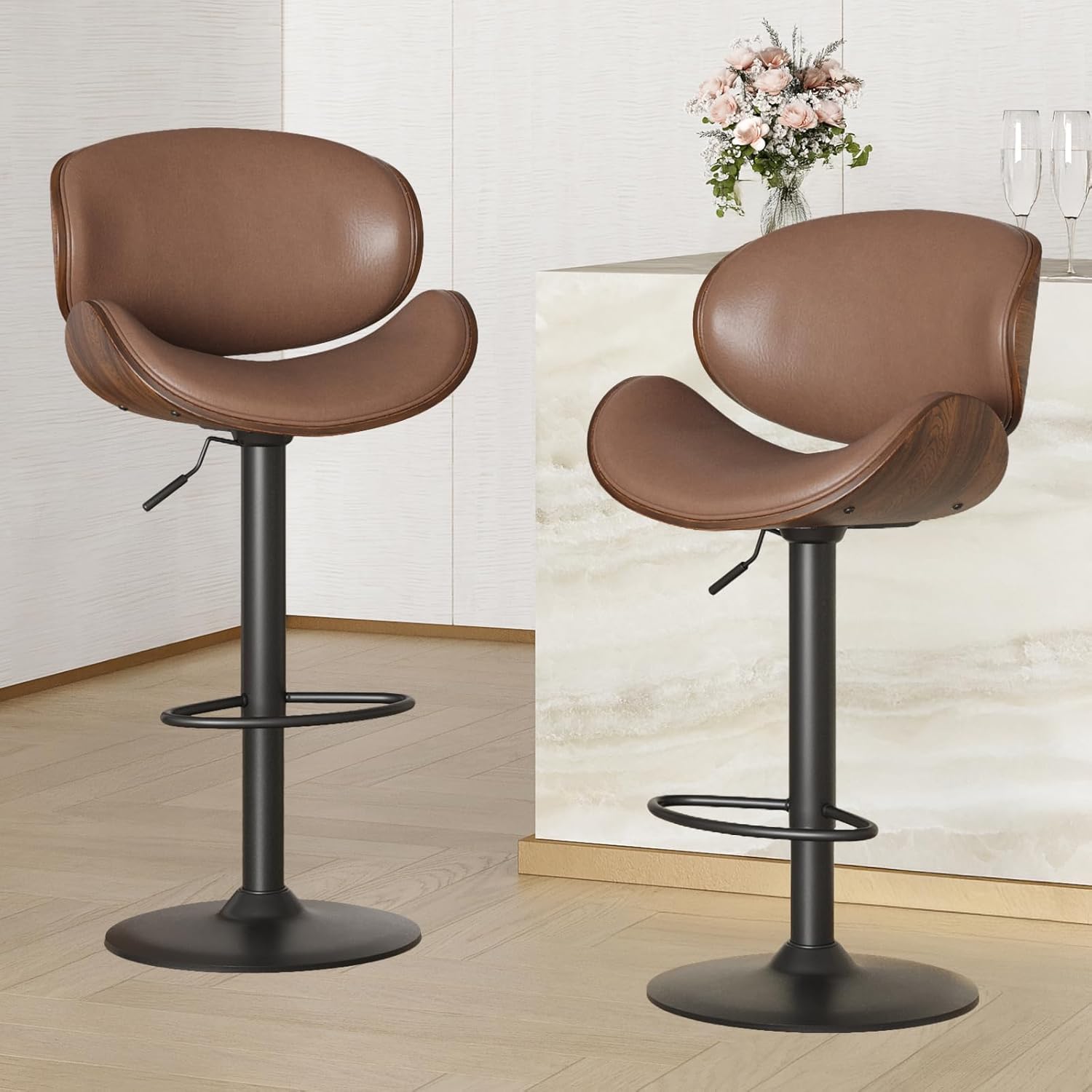 Soohow Adjustable Bar Stools Set for 2, Ergonomic Modern Swivel Bar Stools with Back for Kitchen Island, PU Leather Bar Stool with Footrest Mid Century Barstools, Industrial Counter Height Bar Stools