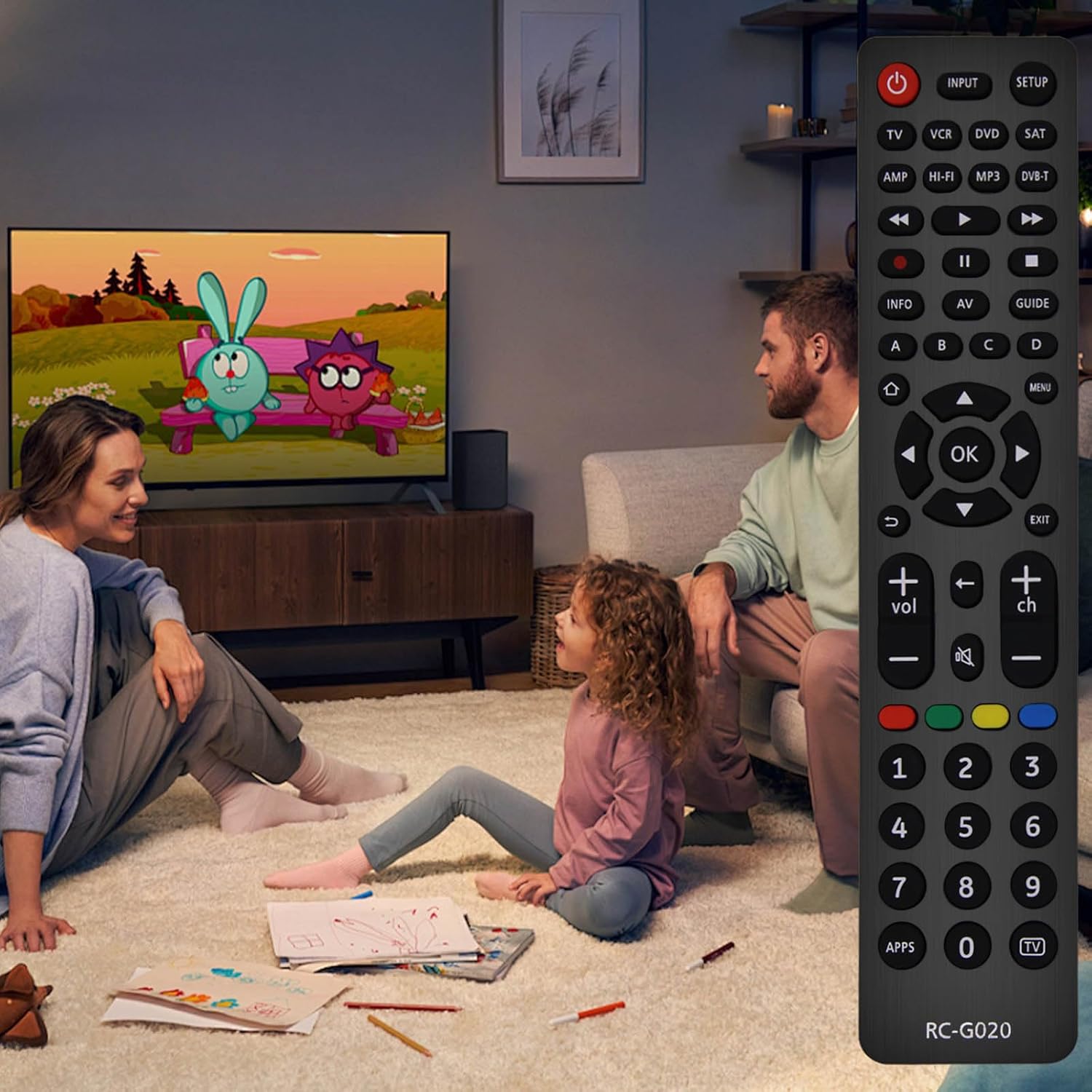A family sitting in a living room watching TV, with the Terloogee Universal Remote Control RC-G020 prominently displayed in the foreground, suggesting ease of use for family entertainment.
