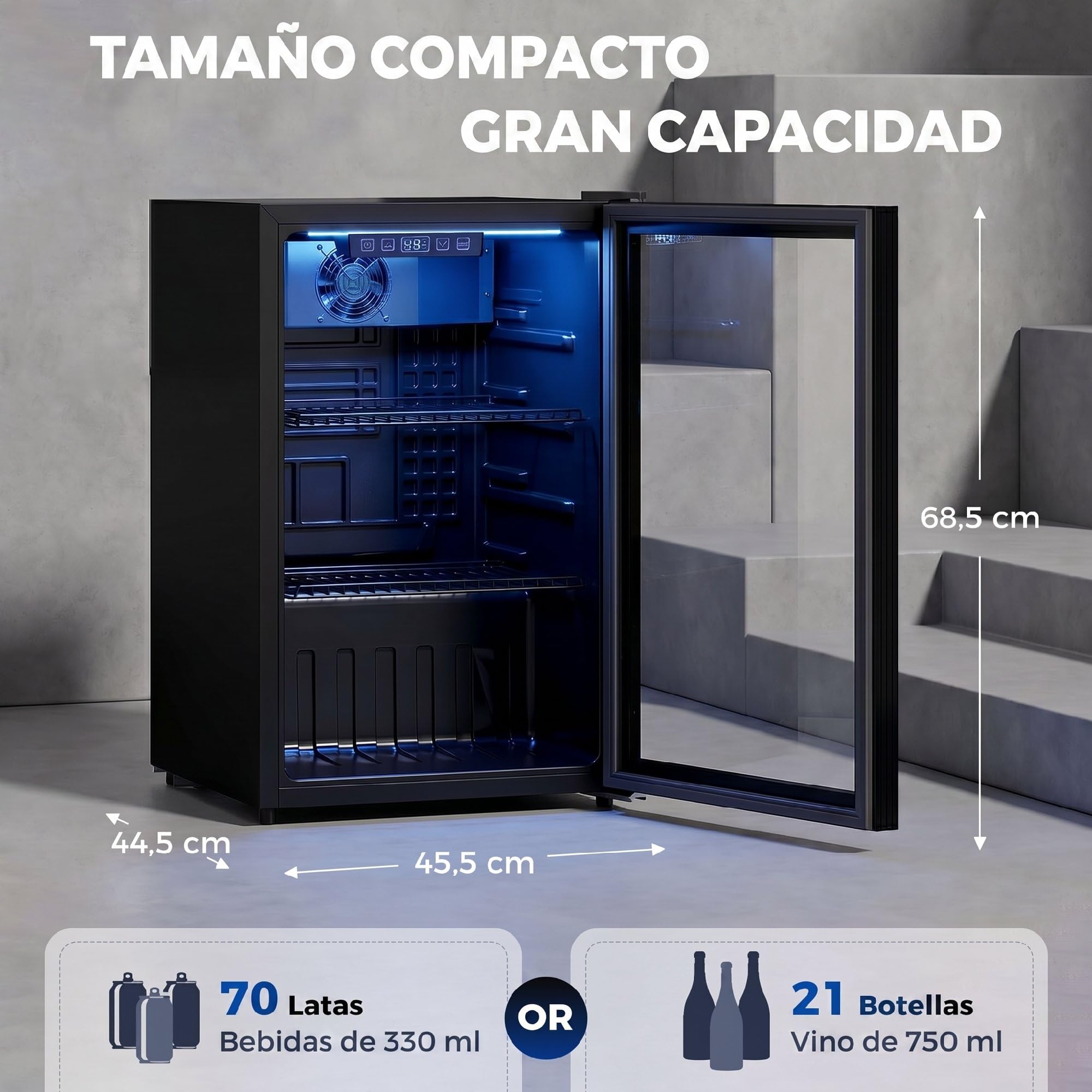 HOMCOM Frigorífico de Bebidas 70 L, Mini Nevera con Puerta de Vidrio Doble, Iluminación LED, 2 Estantes Ajustables, 2-18℃, para 70 Latas, Nevera Pequeña para Refrescos, Cerveza y Vino