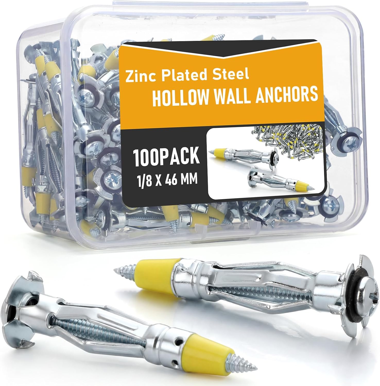 Frienda 100 Pcs Heavy Duty 1/8 x 46 mm Zinc Plated Steel Molly Bolt Drive Hollow Wall Anchors Screws with Box for Drywall, Molly Bolt Drive Fasteners Kits for Drywalls, Various Materials