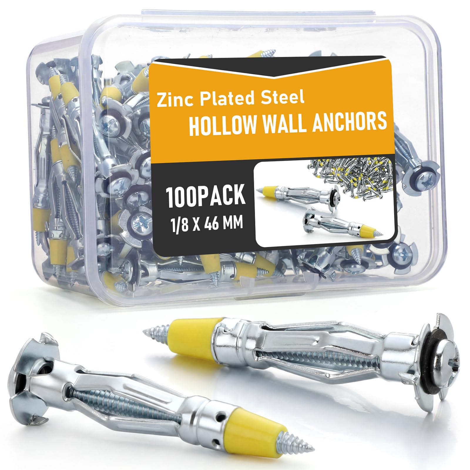 Frienda 100 Stück robuste 1/8 x 46 mm verzinkte Stahl-Molly-Bolzenantrieb, Hohlwanddübel, Schrauben mit Box für Trockenbau, Molly Bolt Drive Fasteners Kits für Trockenbauwände, verschiedene