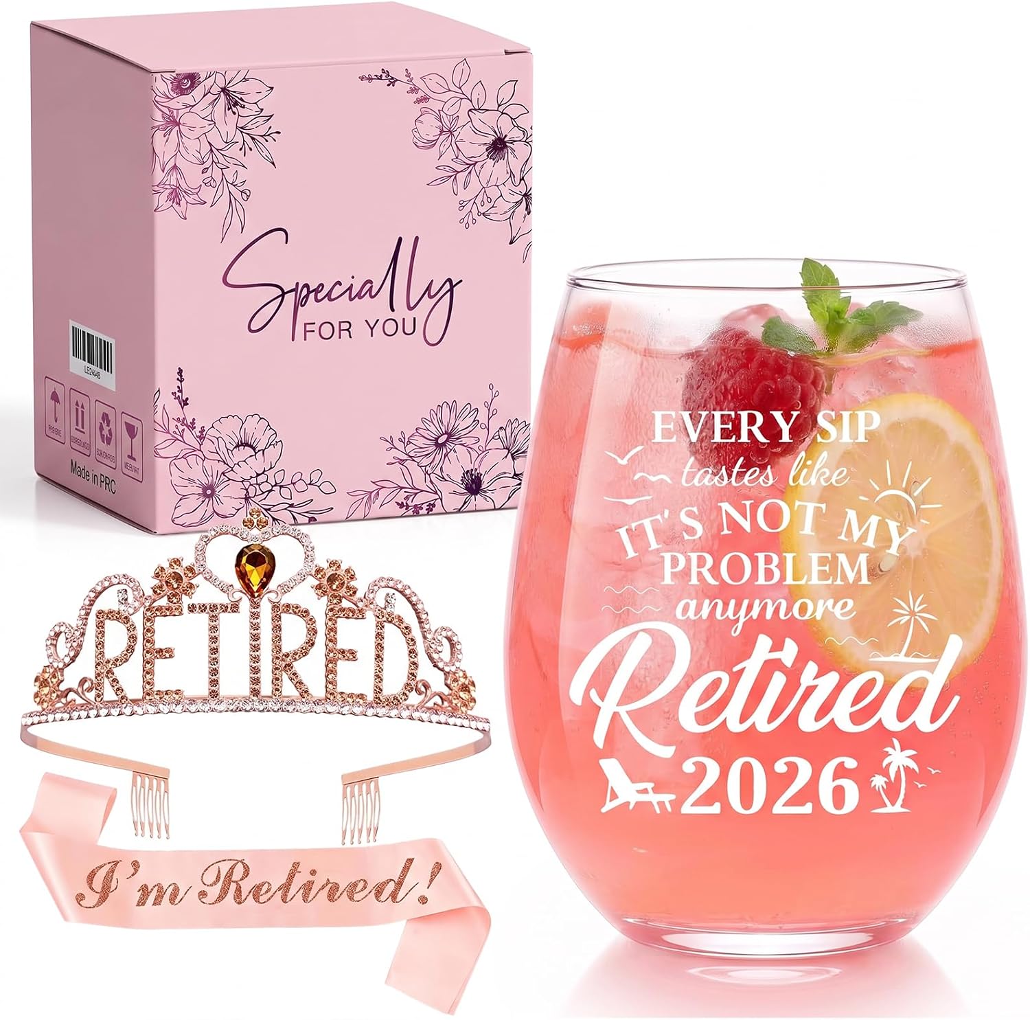 Retired 2026 Gift Set, 20 oz Stemless Wine Glass, Tiara and Sash