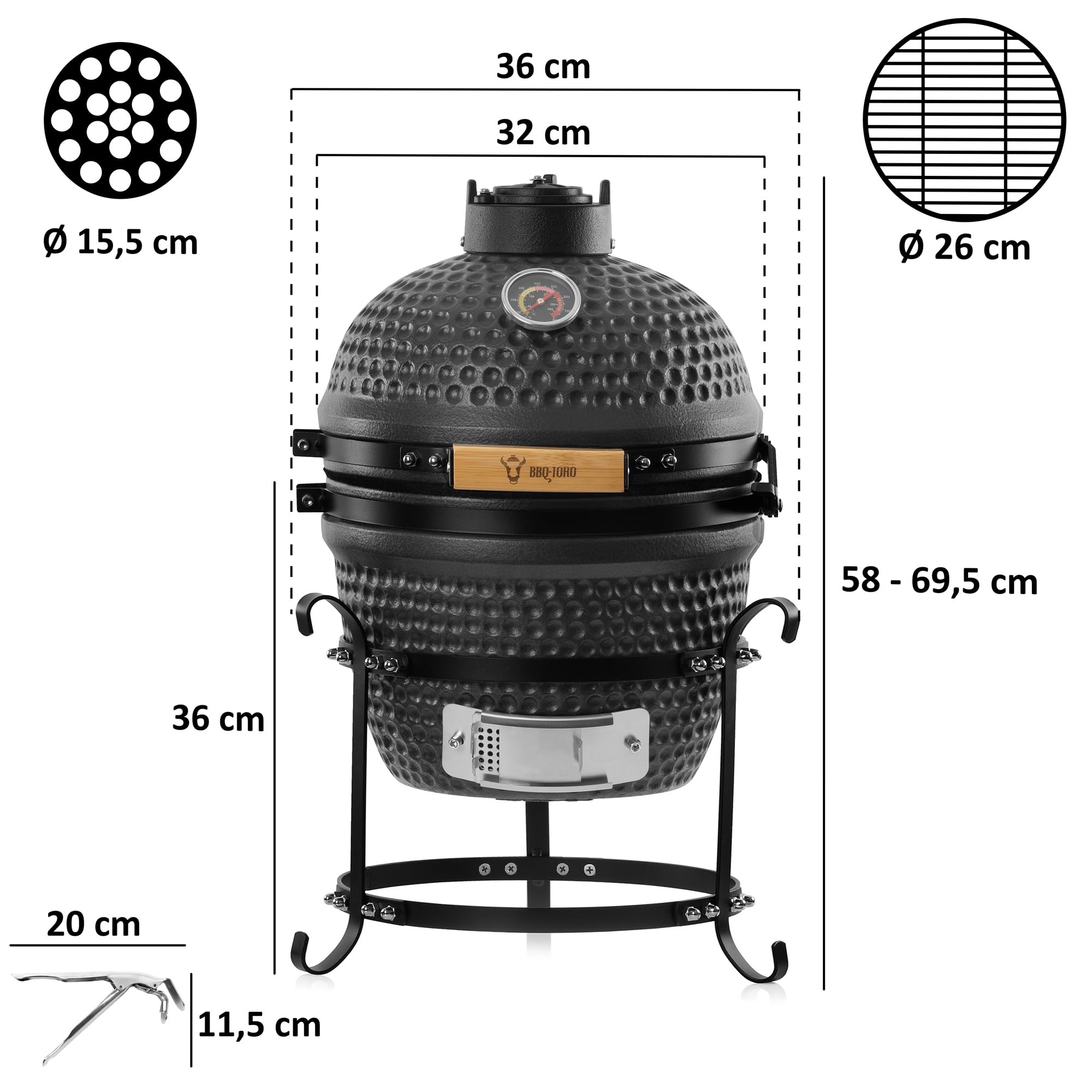 BBQ-Toro Barbacoa de Carbón Kamado "Haiiro" | Ø 32 cm | Barbacoa con Termómetro y Asas de Madera | Color Gris Mate, Bubble Frosted Glaze | Parrilla de Cerámica Kamado, Mini Parrilla de Carbón