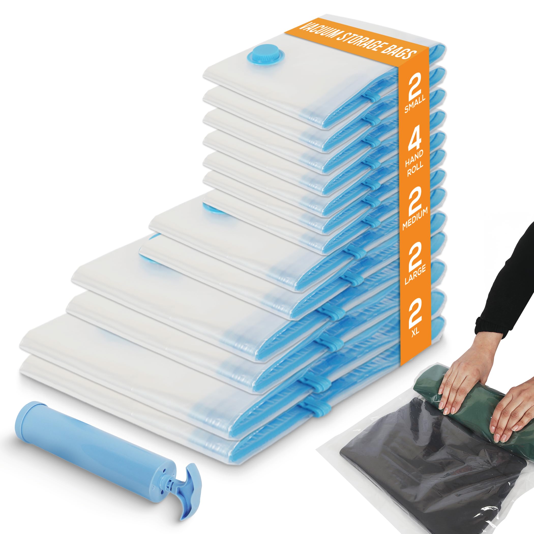 Yan & Hin Vacuum Storage Bags for Clothes — Space Saver Bags for Closet Organization, Clothing Storage, (2 Jumbo/2 Large/2 Medium/2 Small /4 Travel Compression Bags) with Hand Pump (12 Combo)