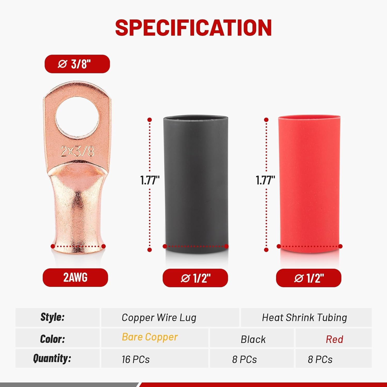 RED WOLF 12V 250A Power Distibution Block 3/8" Single Stud Busbar M10 Terminal Bus Bar w/2 AWG 3/8"(M10) 16 Pcs Wire Lugs Ring Terminal Connectors End