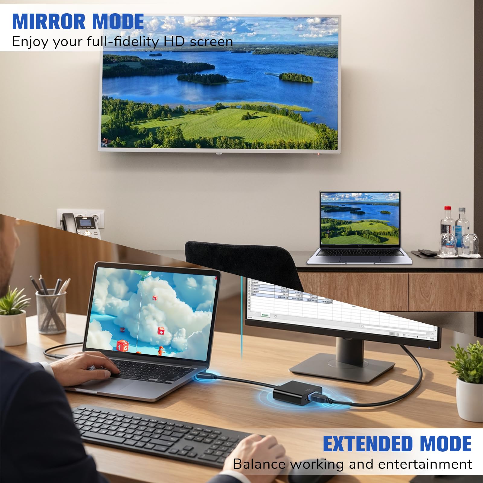Adattatore da USB a VGA per monitor, convertitore da VGA a USB 3.0/2.0, cavo video multi-display 1080P per laptop, desktop, HDTV, monitor, proiettore