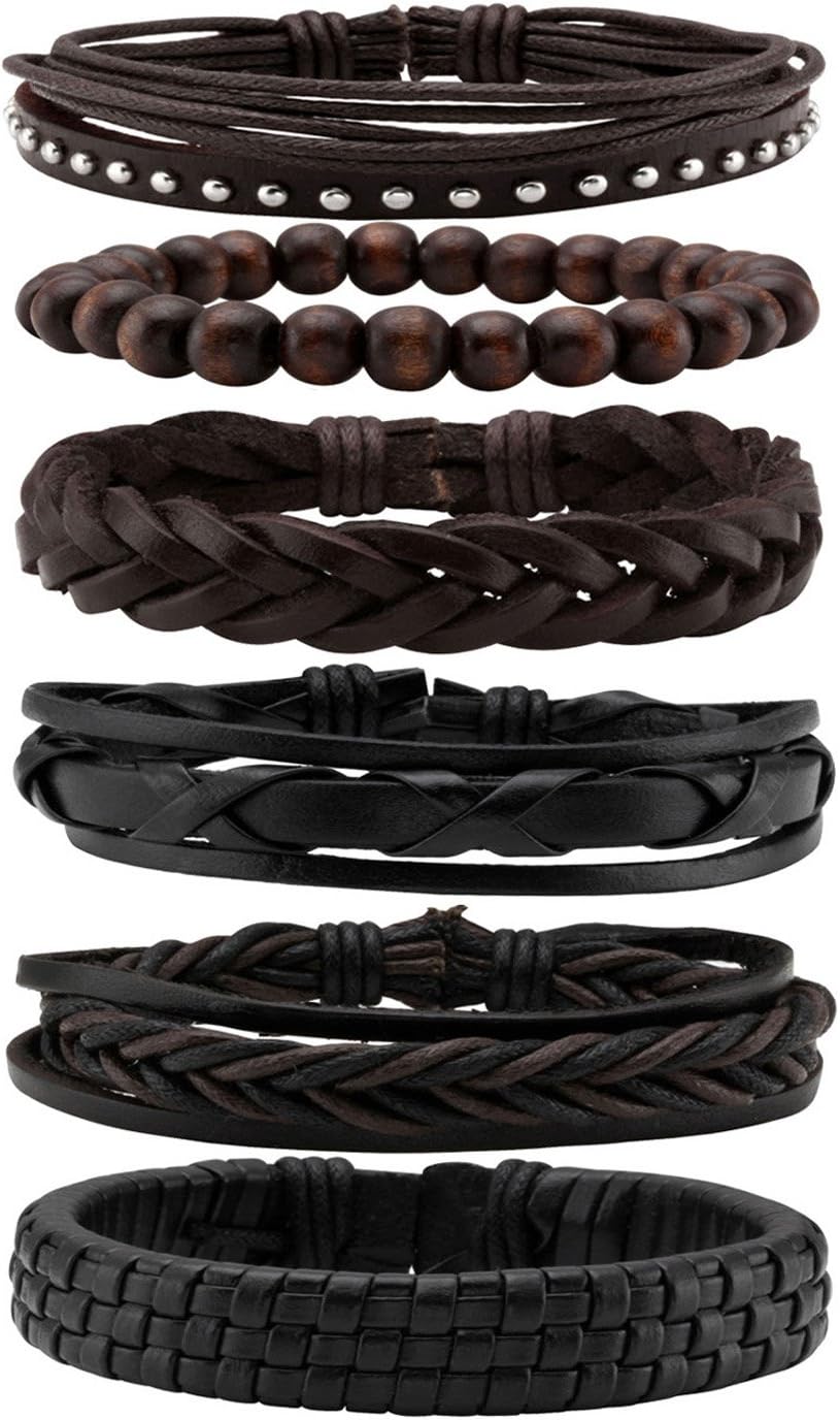 6Pcs Braided Leather Bracelets for Men Women Wood Beads Bracelet Adjustable