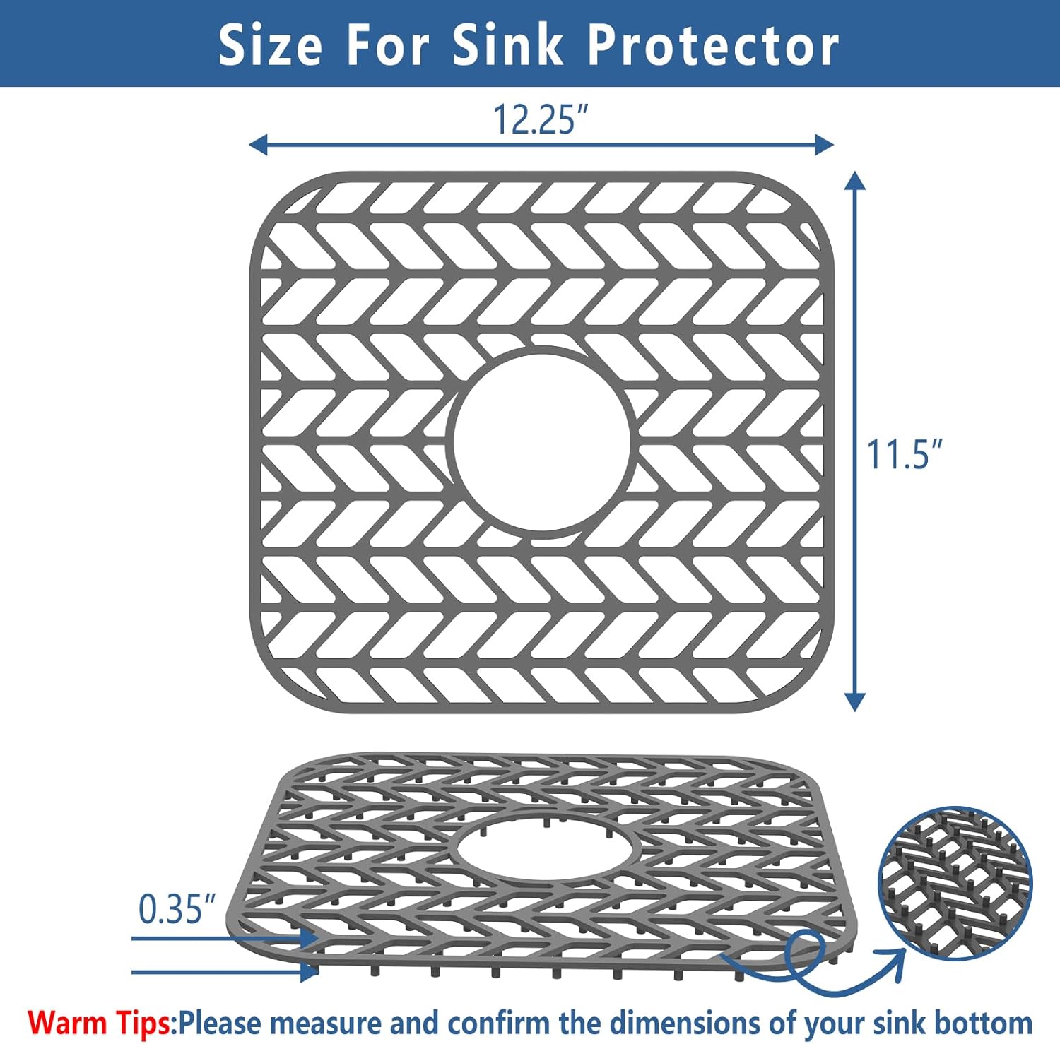 AWOKE Silicone Sink Protectors for Kitchen Sink, 12" x 11" Mat for bottom of sink, Center Drain Hole, Protect from Stains, Scratches, Dishwasher Safe Grid for Kitchen (2 Pack, Gray)