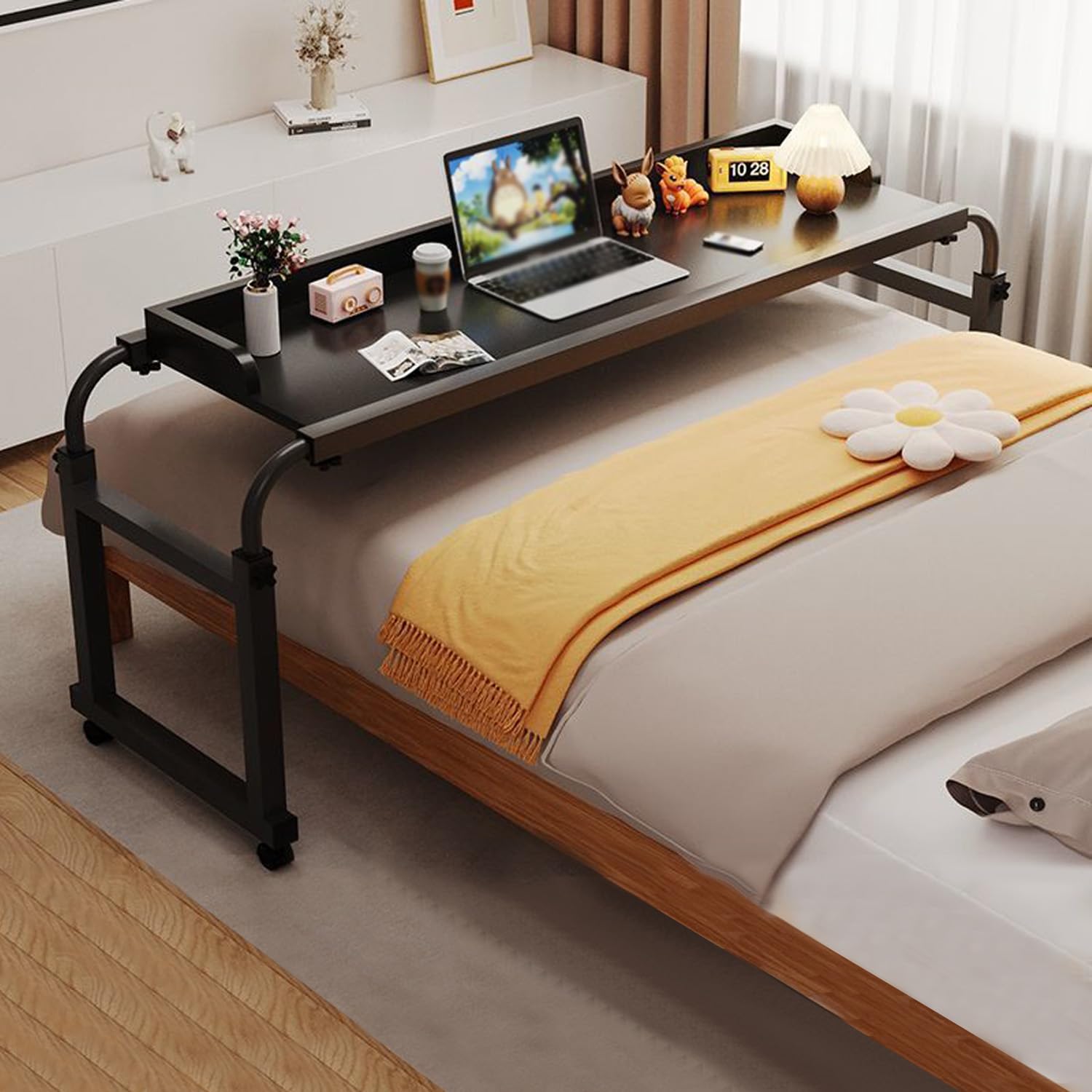 Mesas de Cama con Ruedas para Hospital, Escritorio Grande Ajustable en Altura, con Cama, portátil, Silla de Ruedas para Bandeja de Comida (Color: Negro+)