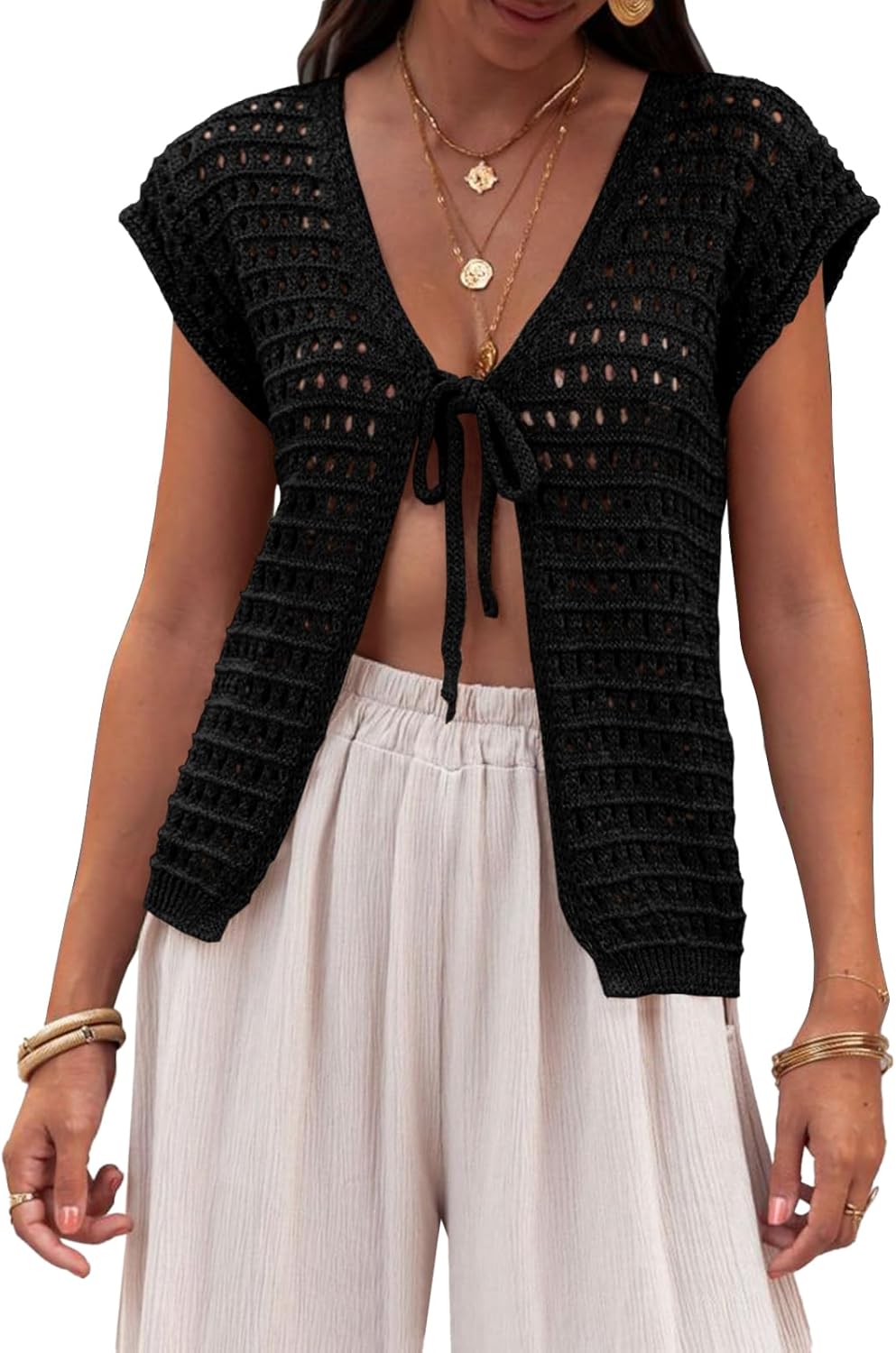 Saodimallsu Womens Tie Crochet Shrug Short Sleeve Open Front Lightweight Knit Cropped Cardigan Sweaters Cover Up