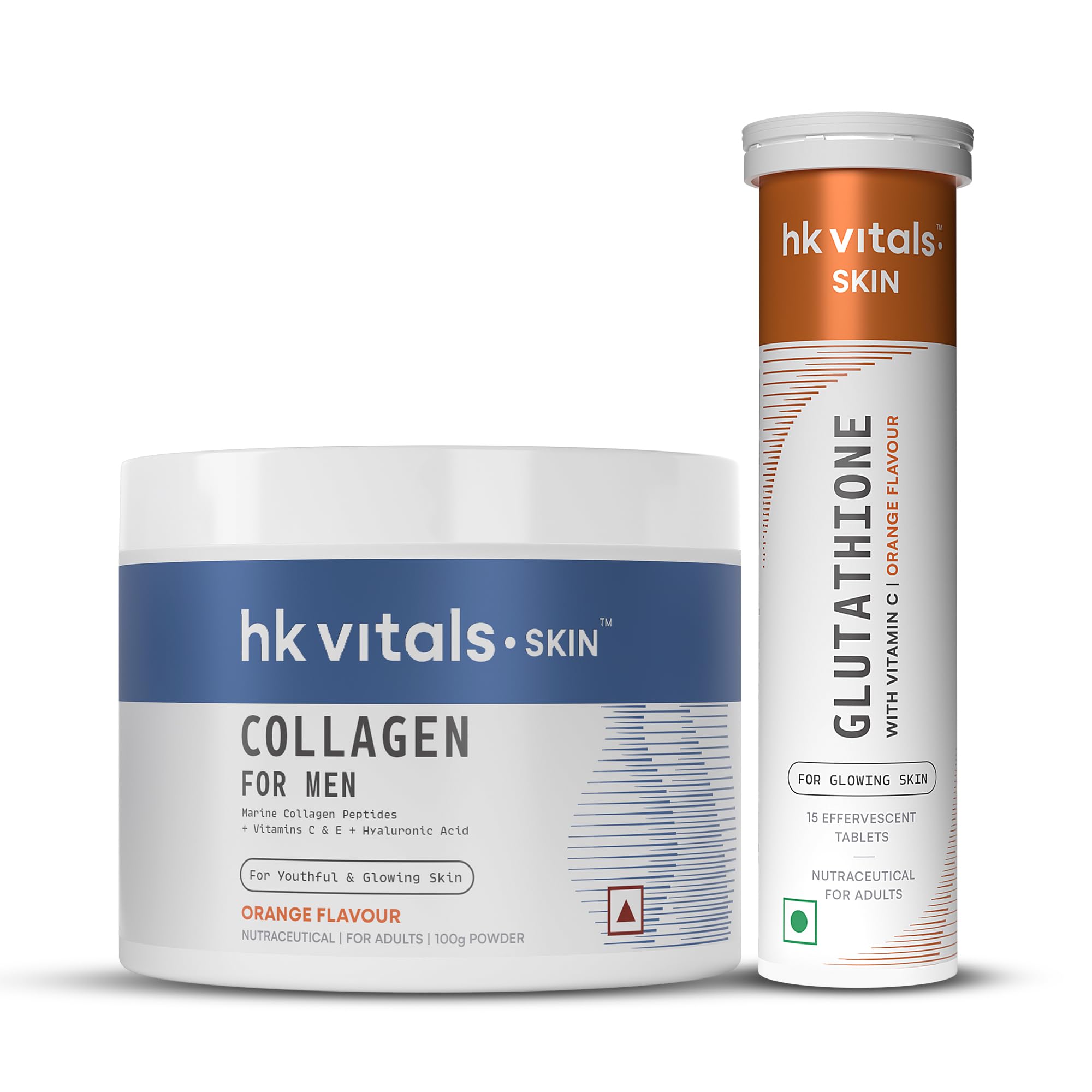 hk vitals Glutathione (Orange, 15 Effervescent Tablets) with Marine  Collagen Supplement for Men (Orange, 100g) | L-Glutathione Tablets with  Vitamin C & E