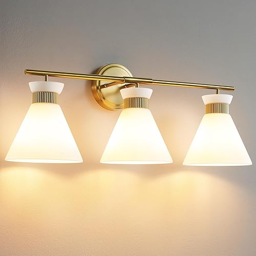 WOSHITU Lámparas de tocador de baño 3 luces de mediados de siglo modernas luces de tocador para baño sobre espejo, iluminación de pared de oro