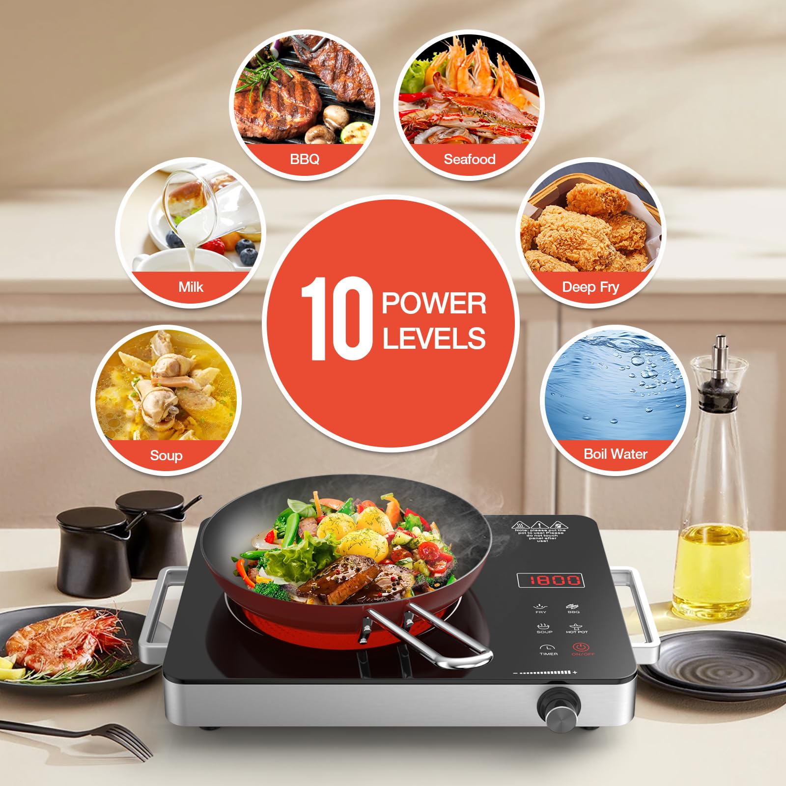 Cocina eléctrica, estufa eléctrica portátil de 1800 W con enchufe, encimera de placa caliente, quemador infrarrojo de 110 V-120 V, bloqueo de seguridad para niños, temporizador, control táctil y 7