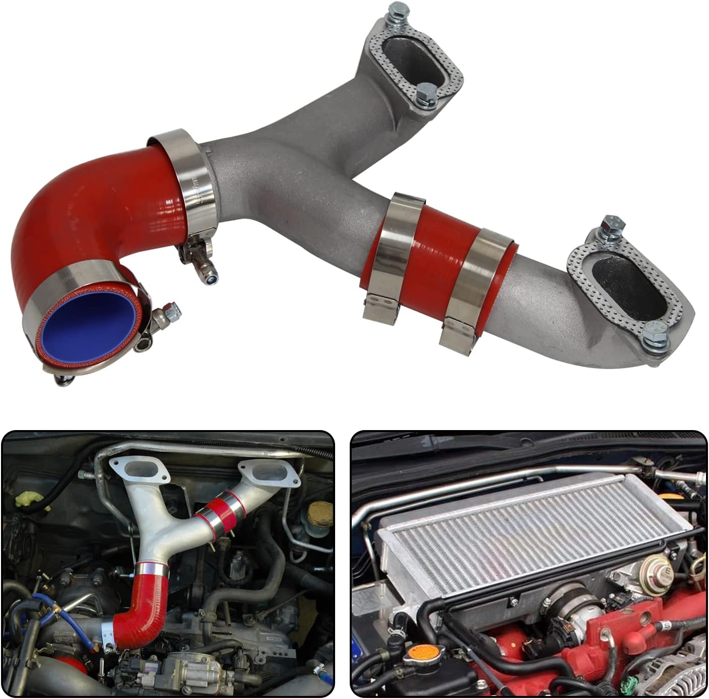 TMIC Top Mount Intercooler Y Pipe Kit for 02-07 Subaru Impreza WRX STI GD/GG (sliver-red)