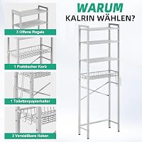 Kalrin 4 szintes WC fölötti polc tárolóval, fürdőszoba szervezőrendszer fehér 8