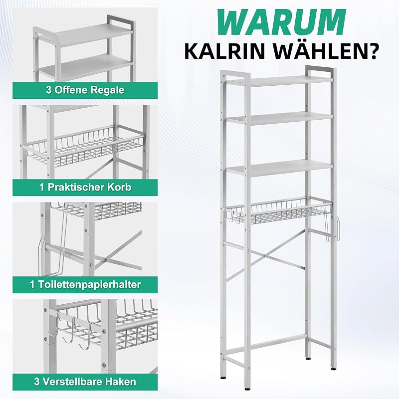 Kalrin 4 szintes WC fölötti polc tárolóval, fürdőszoba szervezőrendszer fehér