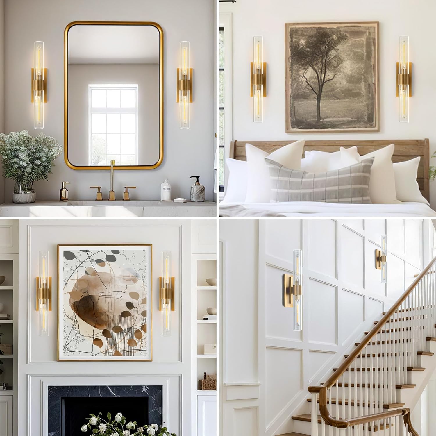 YUYI Brass Wall Sconces Set of Two, 22.8'' Gold Bathroom Sconces Wall Decor with Clear Glass Shade, Indoor Vanity Wall Lights for Bathroom Living Room Bedroom Hallway Fireplace Staircase