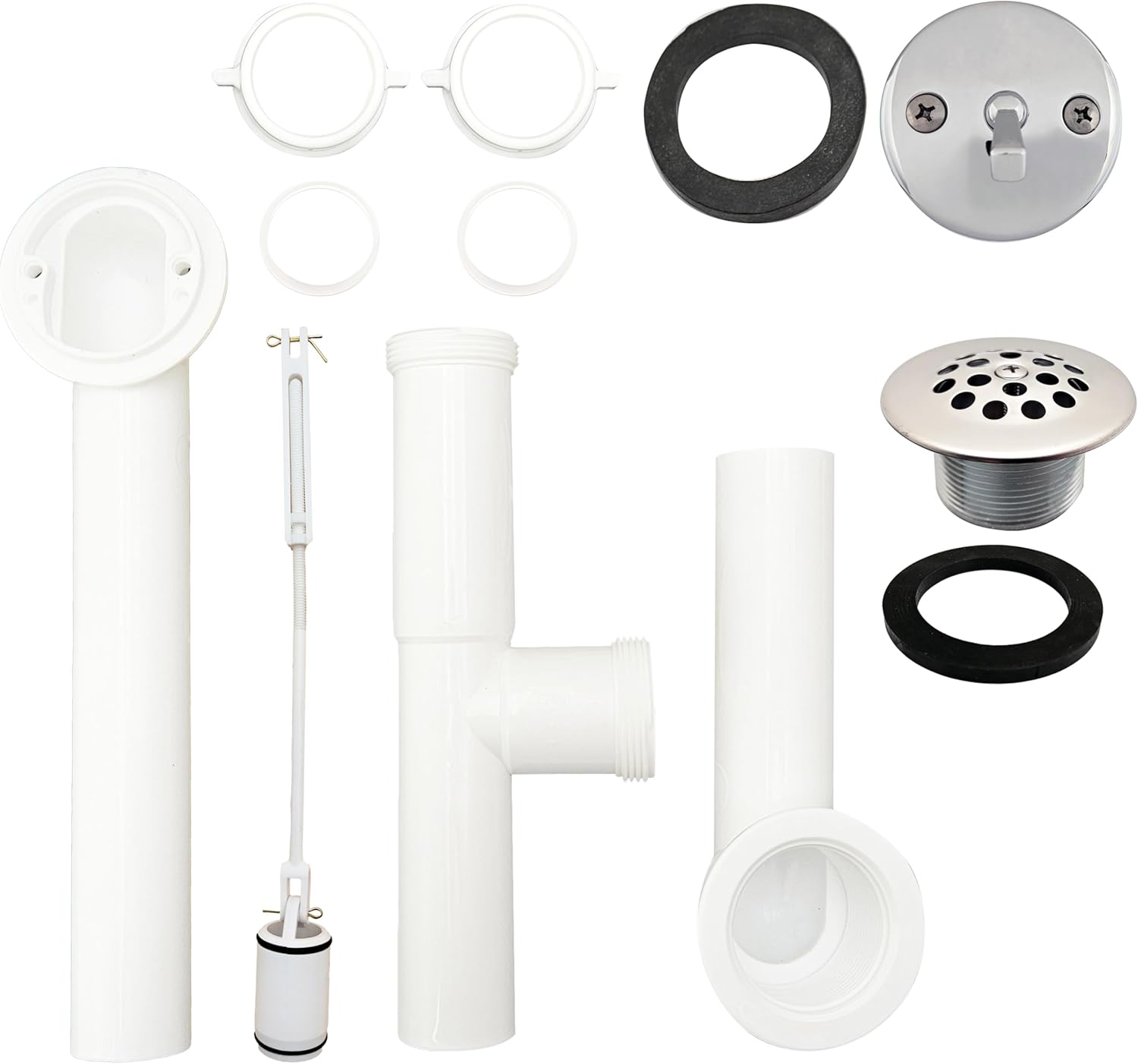 Westbrass A592244-26 14" White Poly Tubular Bath Waste & Overflow Assembly with Trip Lever and Grid Drain, Polished Chrome