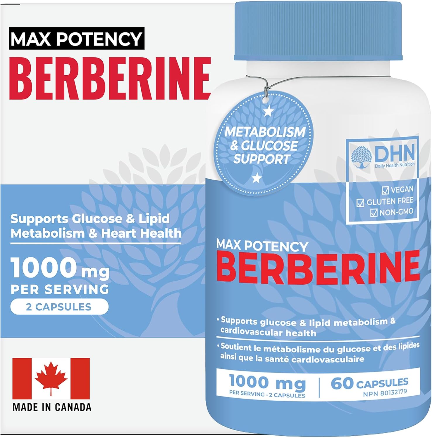 Berberine Supplement HCL 1000mg (2 x 500mg Vegan Capsules) | High Potency Berberine Supports Glucose, Fat Metabolism & Heart Health | Third Party Tested for Potency & Purity | Canadian Made, Quality Assured