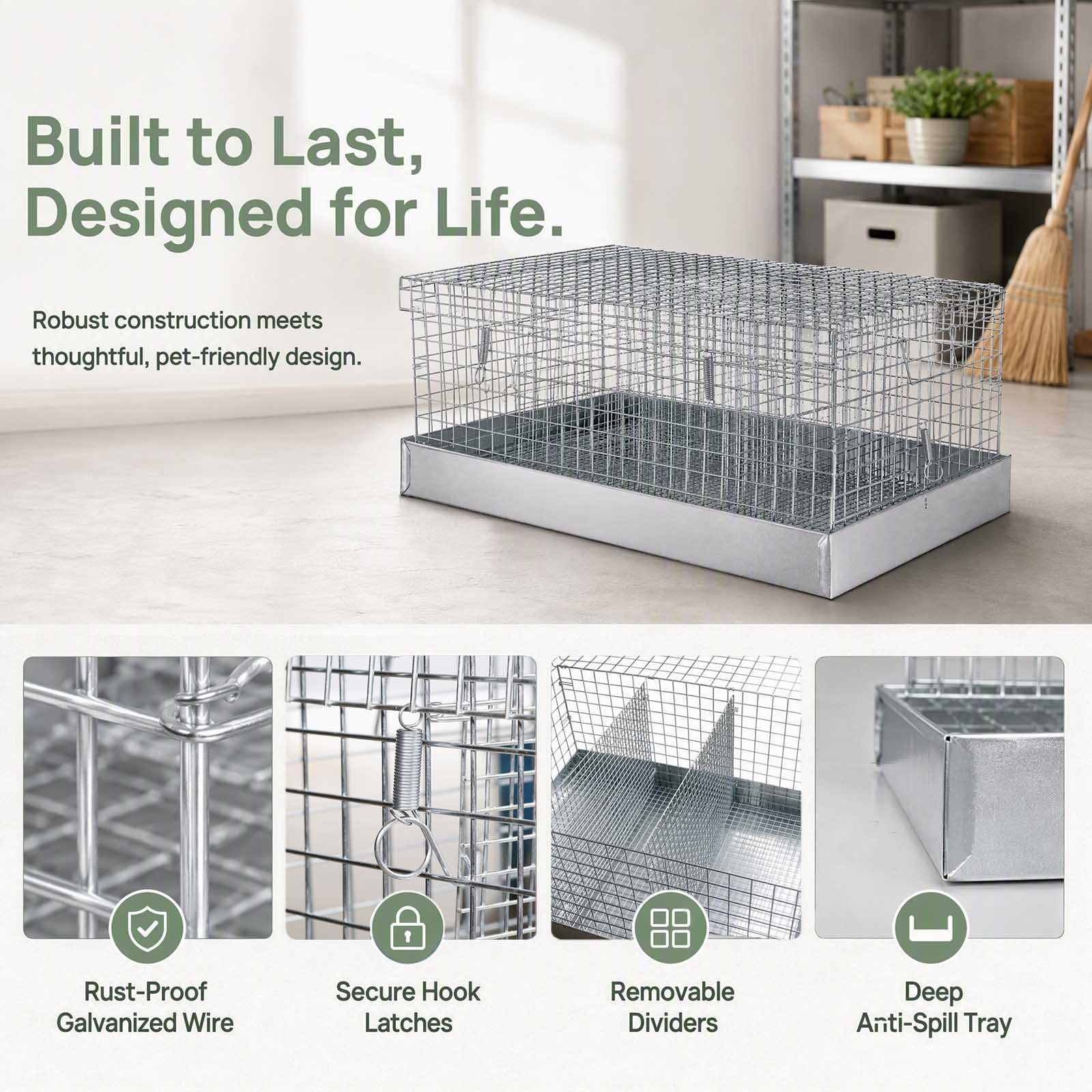 Faltbarer Transportkäfig für Kaninchen und Meerschweinchen aus Metall, 4 Löcher, tragbare Tragetasche mit Tablett und Griffen für Reisen, Indoor-Outdoor-Lebensraum für Kleintiere (1, Silber