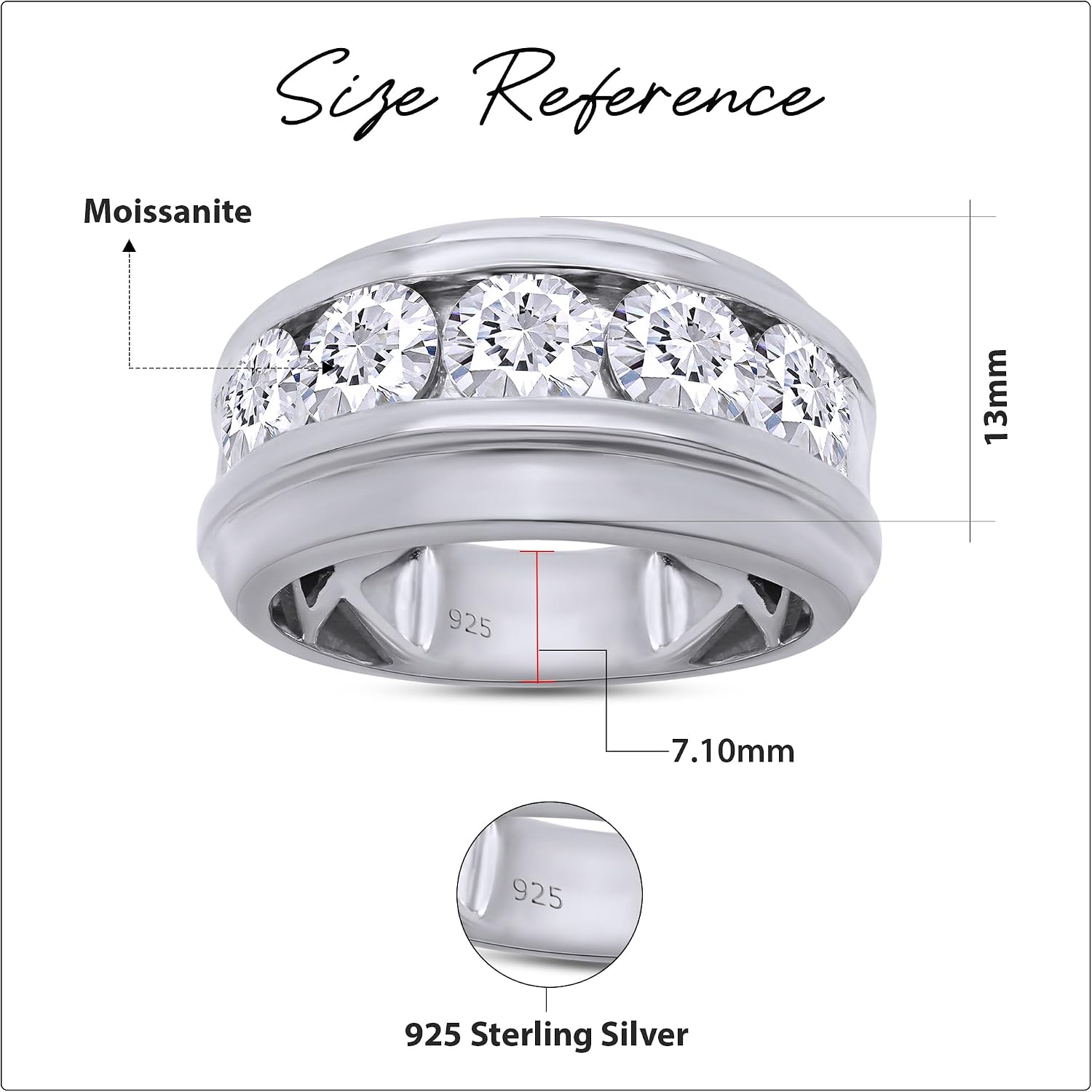 SAVEARTH DIAMONDS Round Cut Lab Created Moissanite Diamond Five Stone Men's Wedding Band Ring In 14K Gold Plated 925 Sterling Silver Jewelry (G-H Color, 3.50 Cttw)