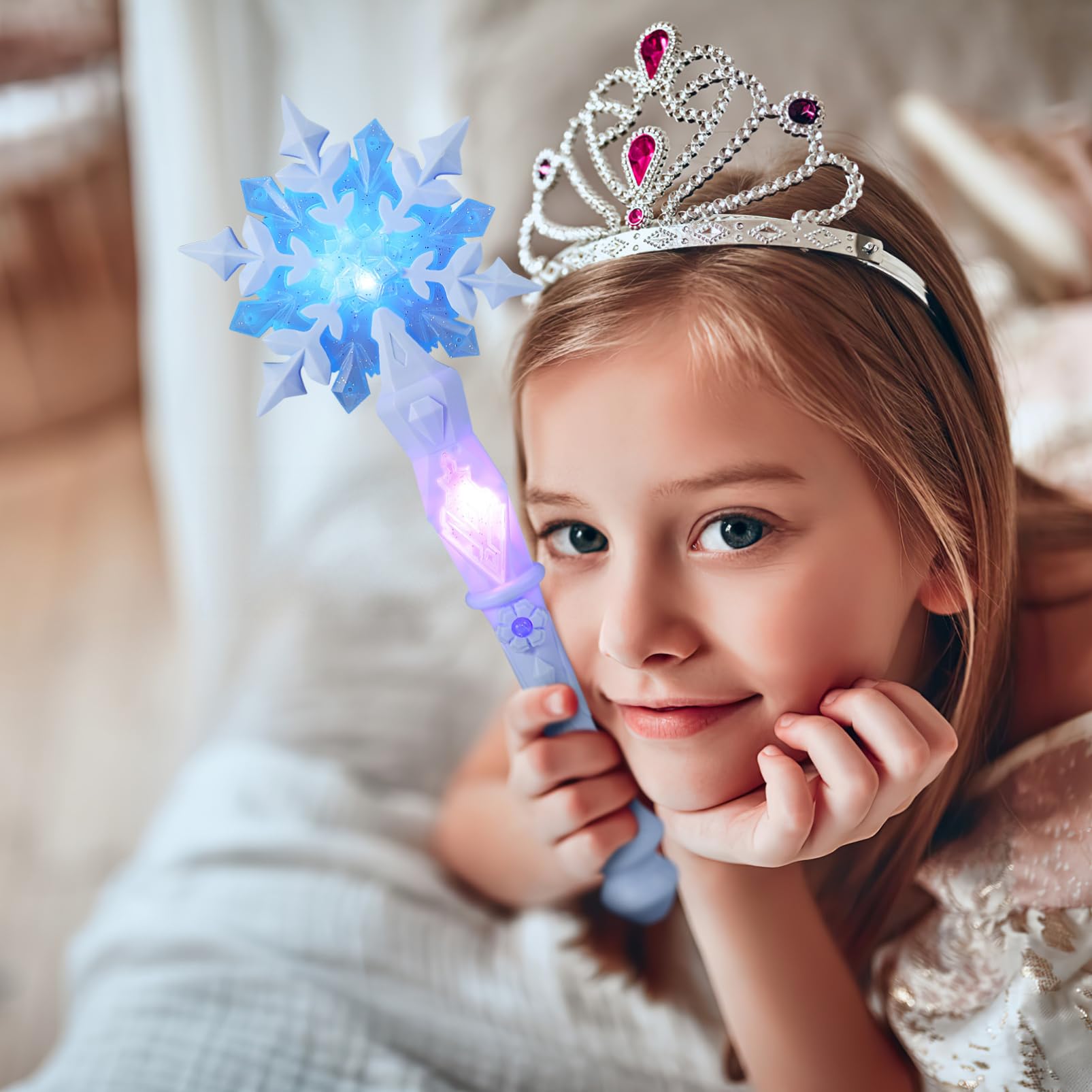 BESPORTBLE Bacchetta magica regalo per bambini con luce, musica e fiocchi di neve – bacchetta luminosa per ragazze 3-10 anni, bacchetta magica principessa per compleanno, cosplay e feste