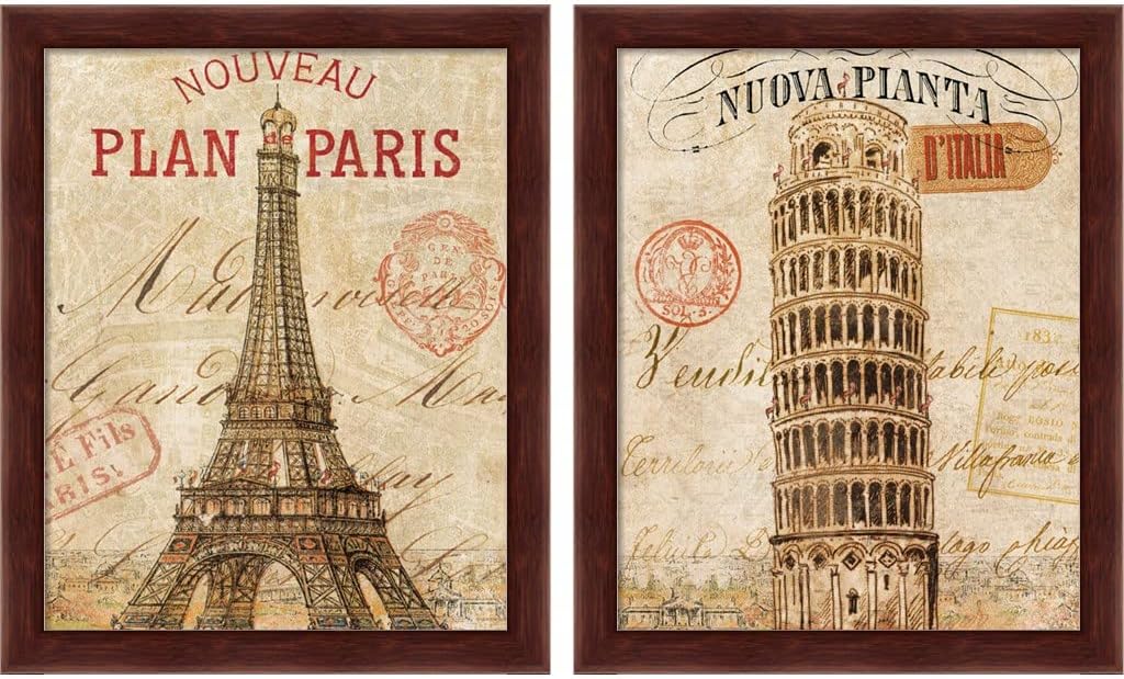 Letter from Paris & Pisa by Wild Apple Portfolio, 2 Piece Brown Framed Art Set, 17.25 X 21.25 Inches Each, Architecture Art