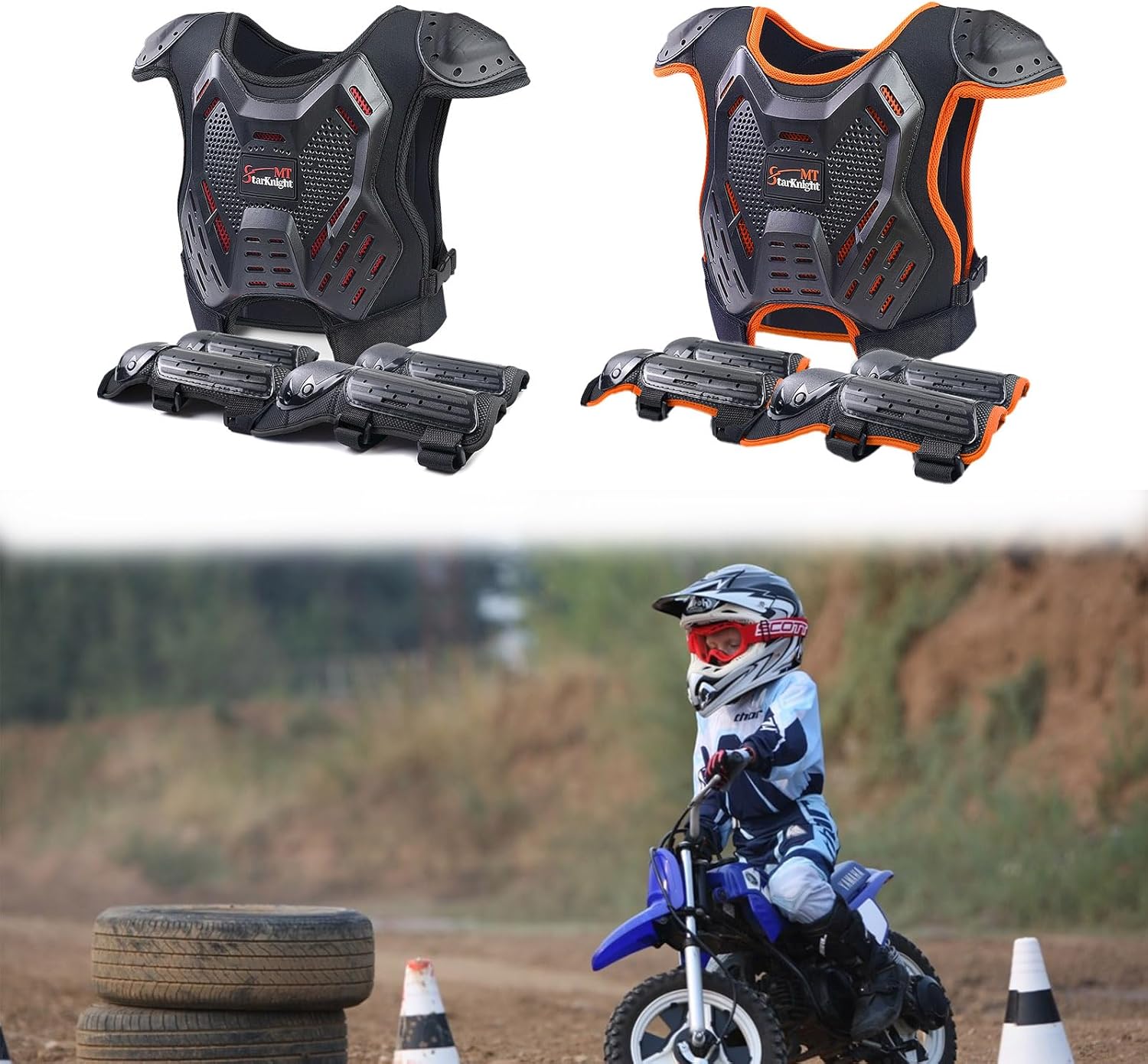 StarknightMT Kids Dirt Bike Gear 2 Sets Black Orange, Youth Motorcycle Riding Protective Gear Motocross Armor Suit Chest Protector for Boys Girls Mountain Biking Cycling