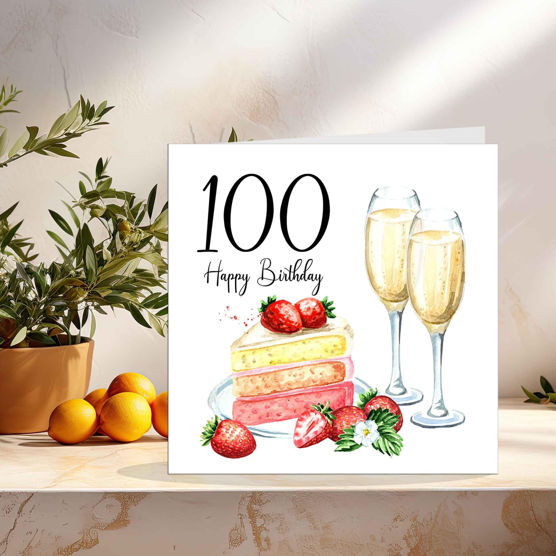Old English Co. Geburtstagskarte Zum 100. Geburtstag Für Frauen – Pinker Kuchen Mit Glitzer Und Schmetterlingen, 150x150 Mm, Mit Umschlag, In England Gedruckt