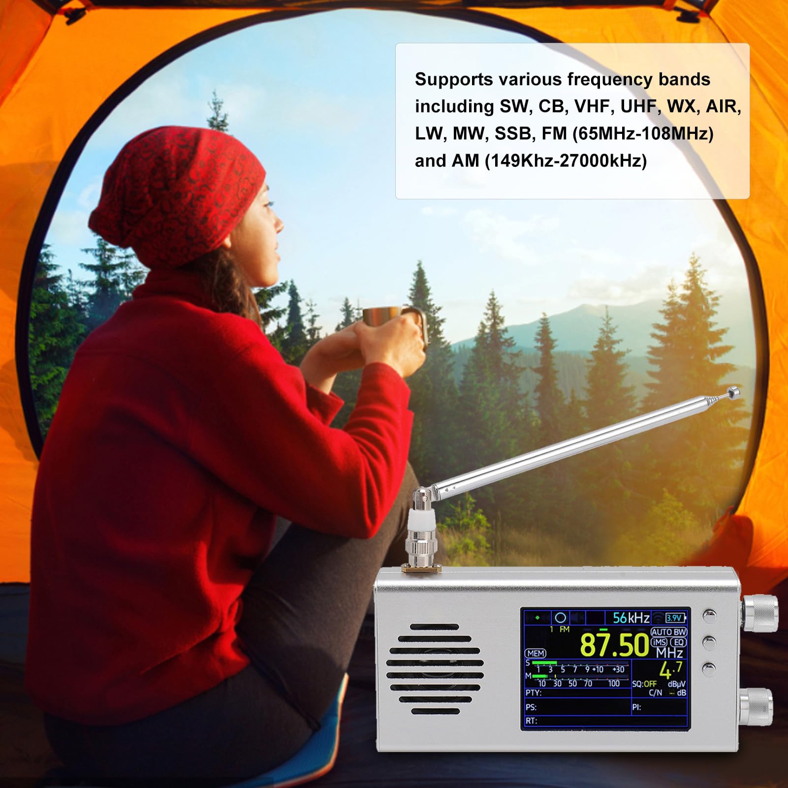 Luocute TEF6686 Tragbarer SSB-Kurzwellen-Radio Empfänger, 3,2-Zoll-LCD-Display Dual-Stereo-Lautsprecher 5000MAH AM FM SW CB VHF UHF WX AIR LW Vollband-Radio Empfänger (Silver)