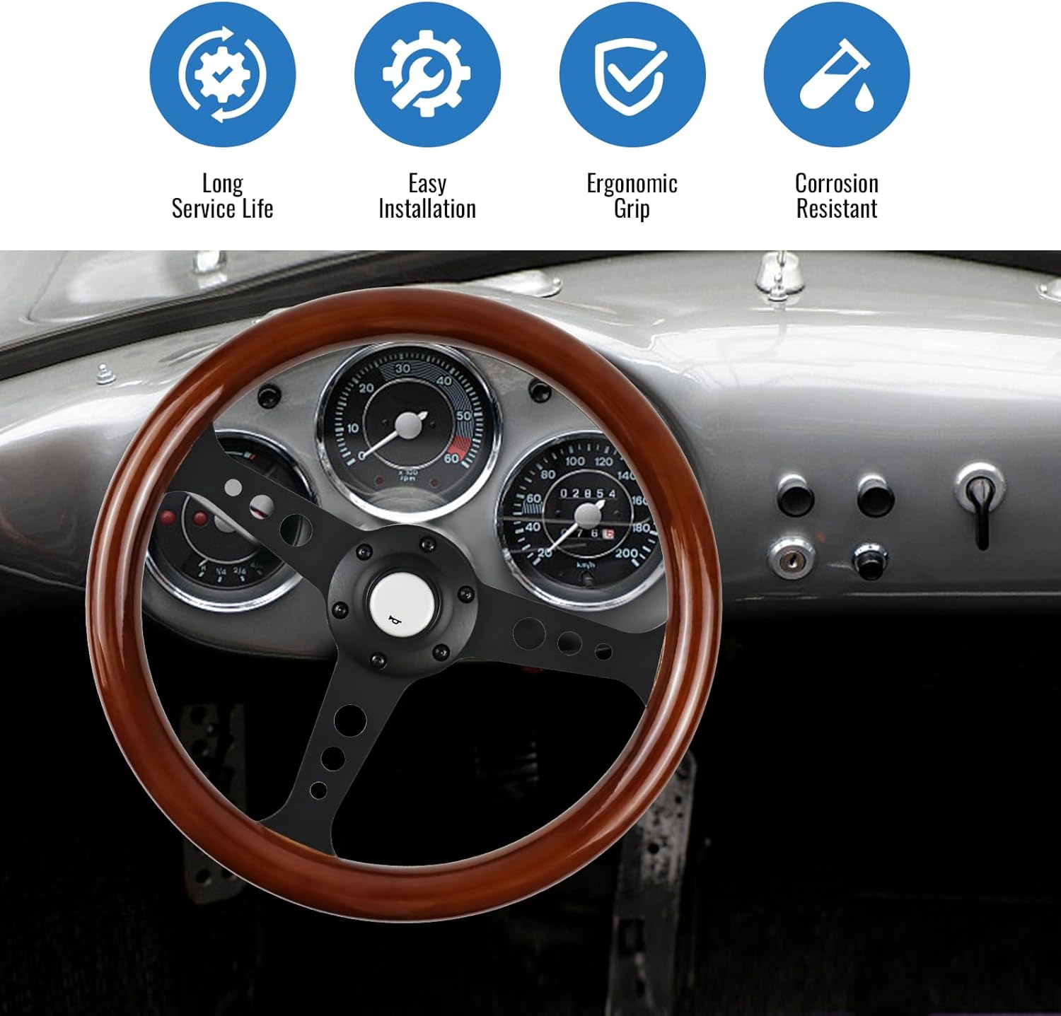 YHK 13.6 Inch Universal Classic Wood Grain Steering Wheel, Universal 6 Hole Bolt Racing Steering Wheel, 3 Spoke with Horn Button for Rally/Racing/Motorsport/Car Simulator Driving