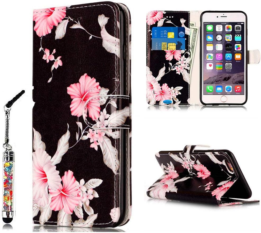 JanCalm for iPhone SE 2022/SE 2020 Case,for iPhone 7/8/6/6S Case (Not Plus),PU Leather [Wrist Strap] [Card Holder/Cash Slots] Stand Flip Cover (Black/Flower)