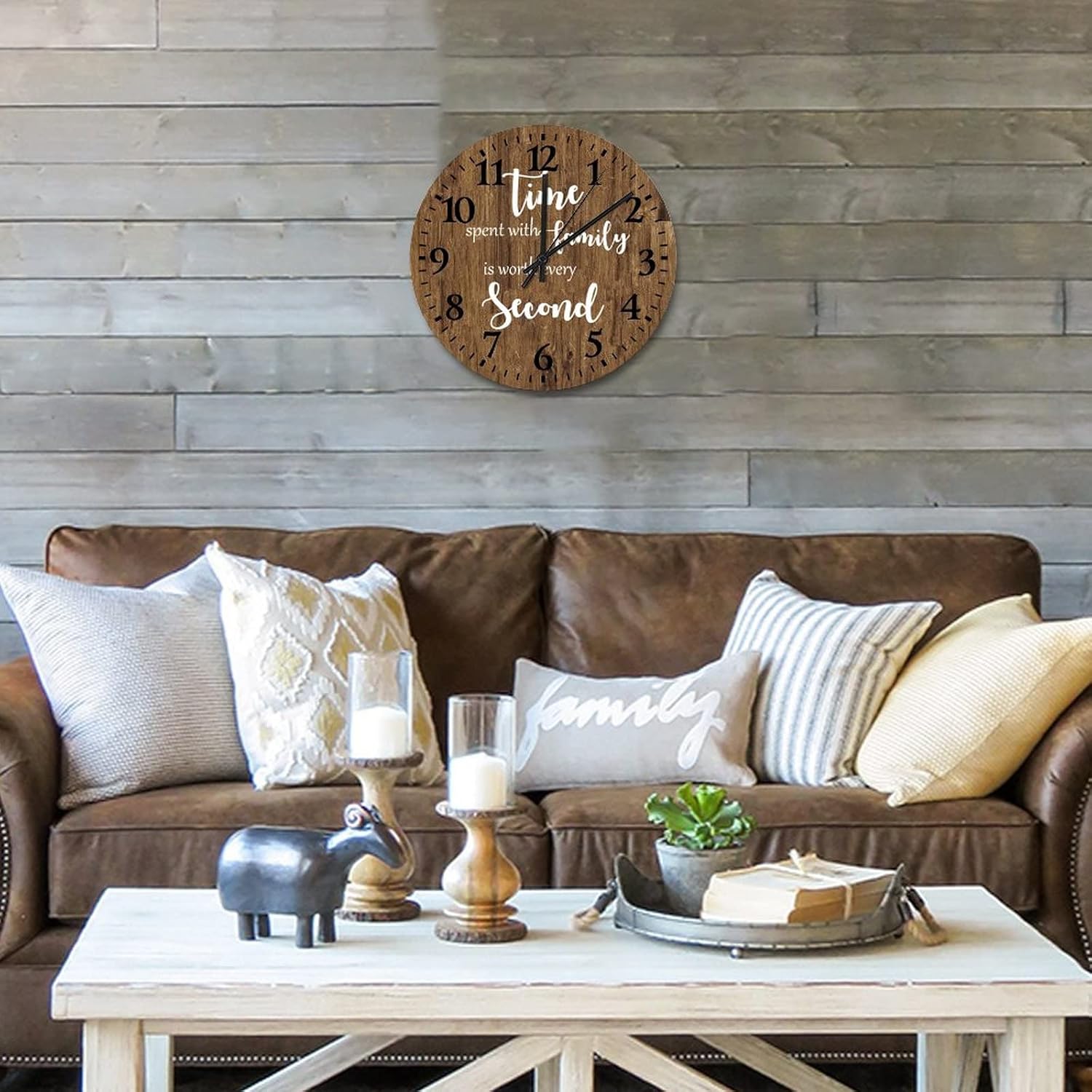 Wood Wall Clock Time Spent with Family is Worth Every Second Cool Room Decor Non Ticking Arabic Numbers Family Inspirational Quote Round Clock for Farmhouse Home Decoration 12 Inch