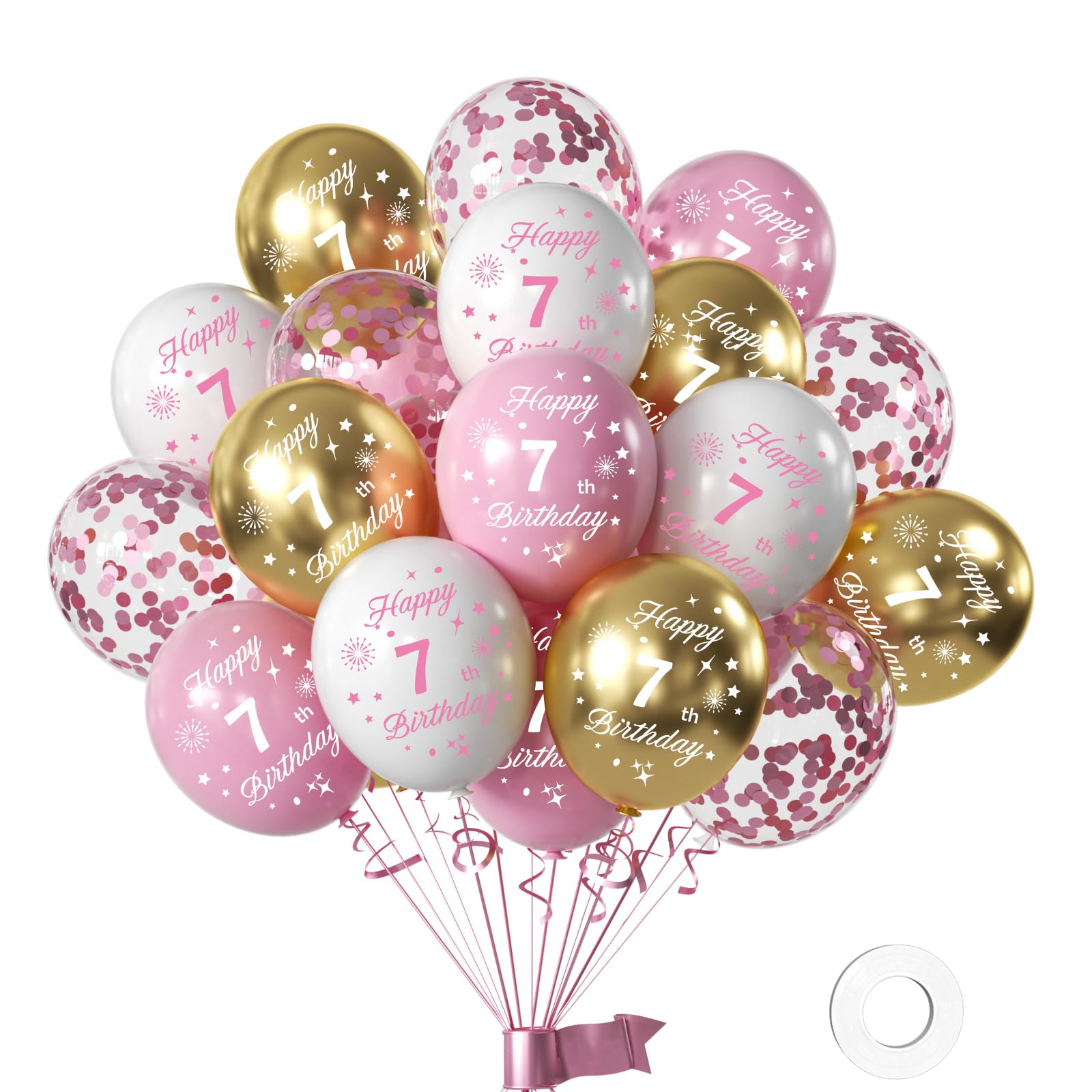 FUNCANDLE Happy 7th Birthday Balloons Pack of 16Pc，12inch Pink and White Gold Balloons Printed Latex Party Balloons Decorations Her 7 Years Old Born Birthday Anniversary Party Supplie