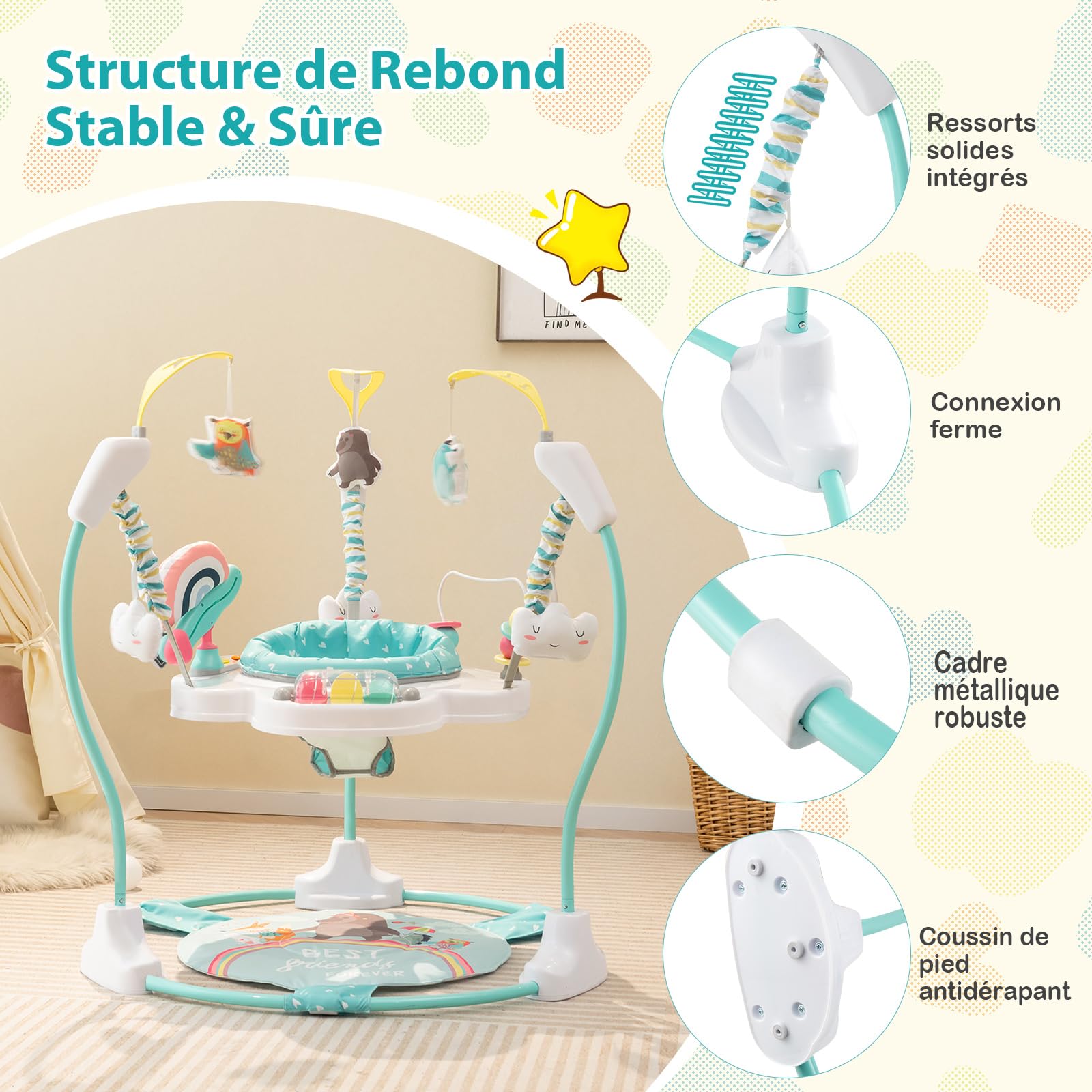 COSTWAY Jumperoo Jungle Trotteur Bébé avec Musique & Lumière, 3 Hauteurs Réglables, Siège Rotatif 360°, 6 Mois+