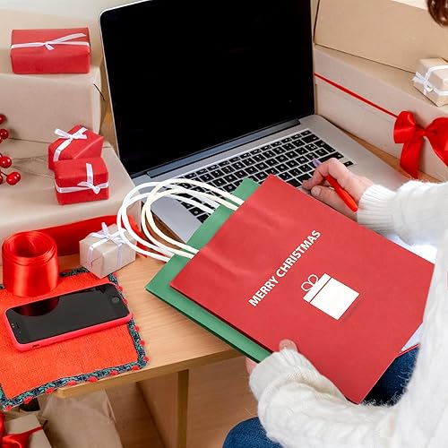Miniatura 5 de 120 bolsas de regalo de Navidad a granel, bolsas de regalo de Navidad a granel, papel kraft de Navidad, bolsas de regalo rojas y verdes con asas,